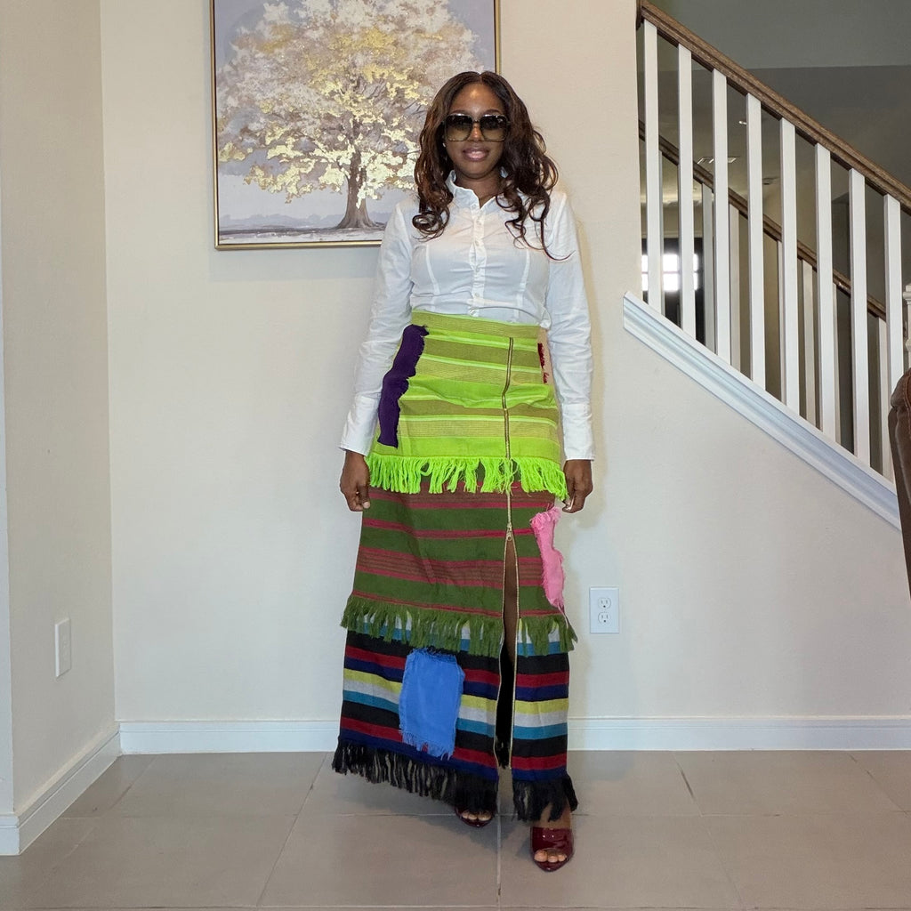 Colorful African Aso Oke Fringe Skirt, Handmade Aso Oke Patchwork Skirt