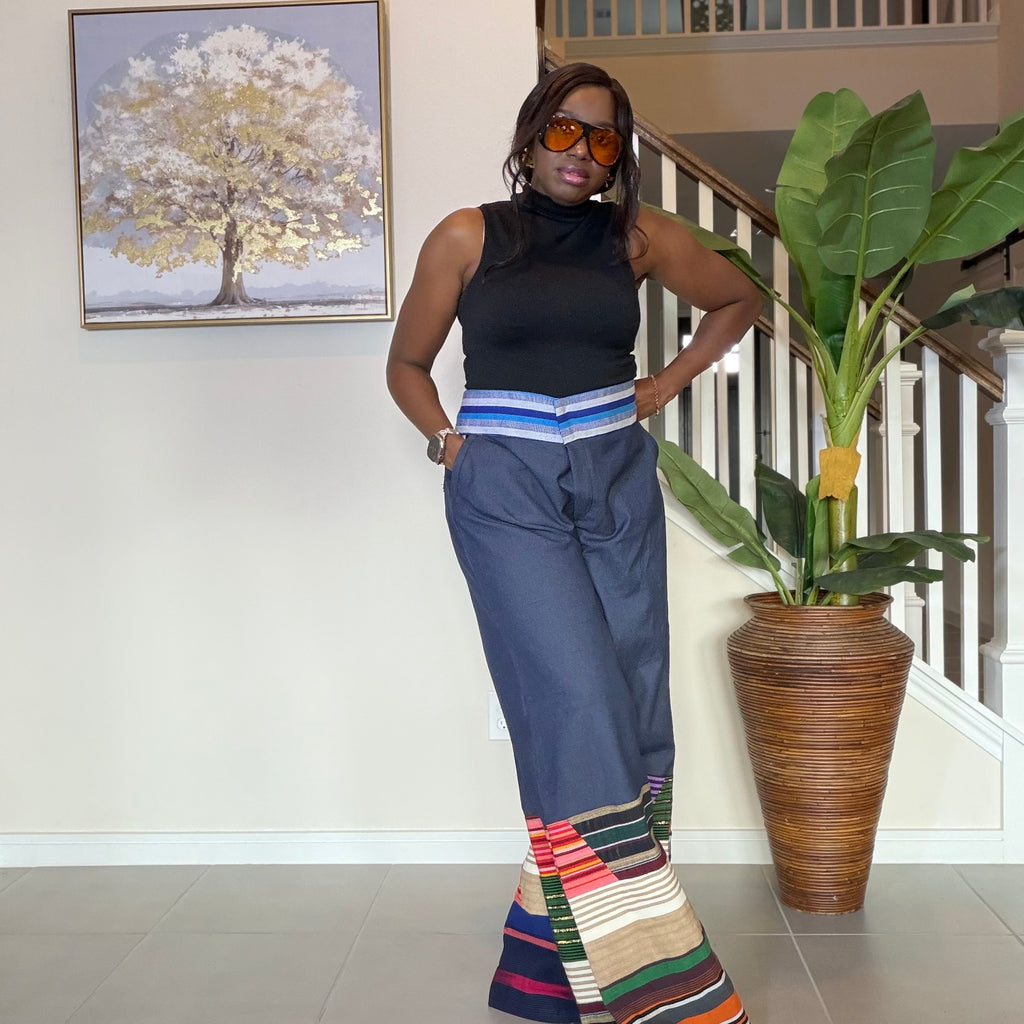 High-Waisted Jeans Wide Leg Trousers with Multicolored Striped Aso Oke Patchwork