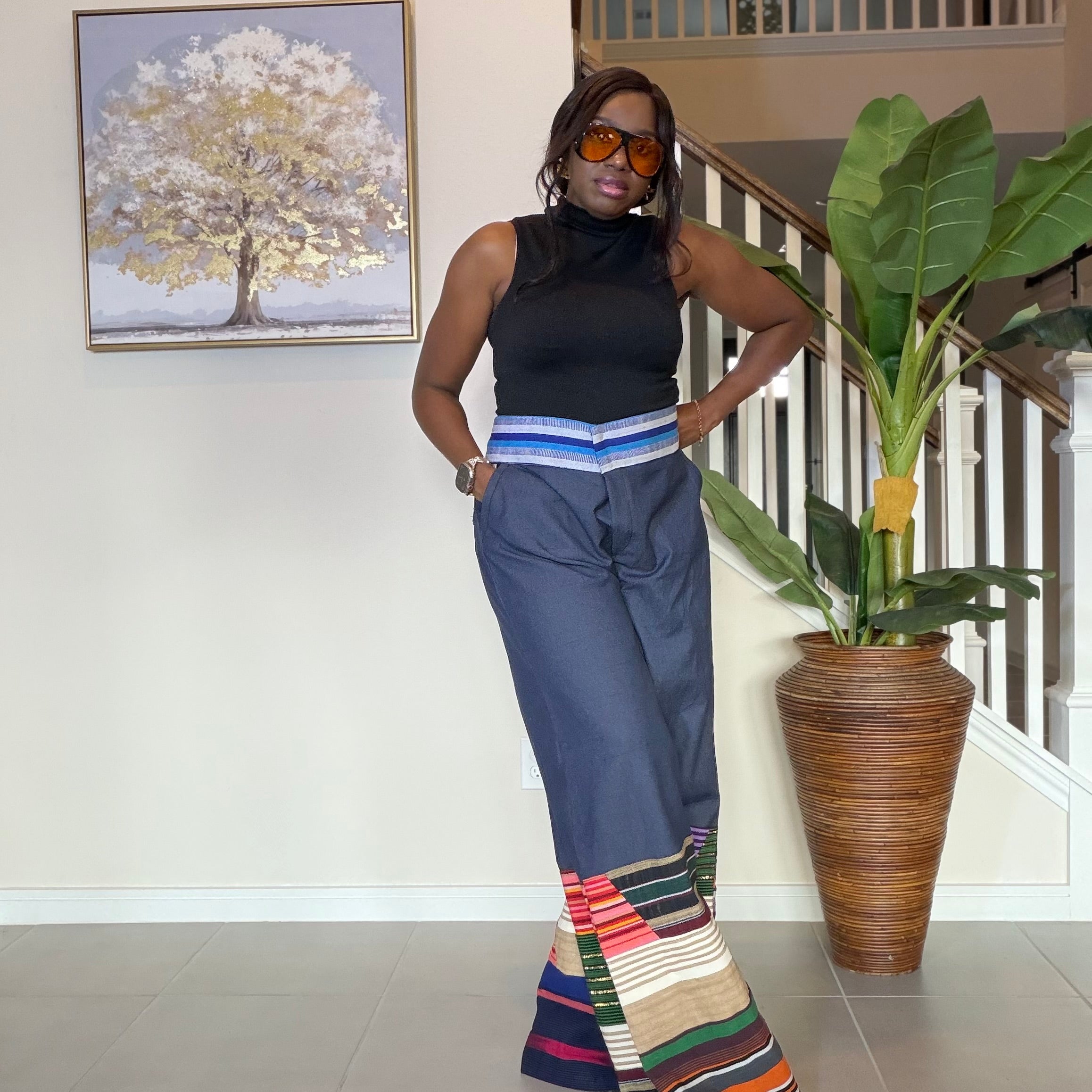 High-Waisted Jeans Wide Leg Trousers with Multicolored Striped Aso Oke Patchwork
