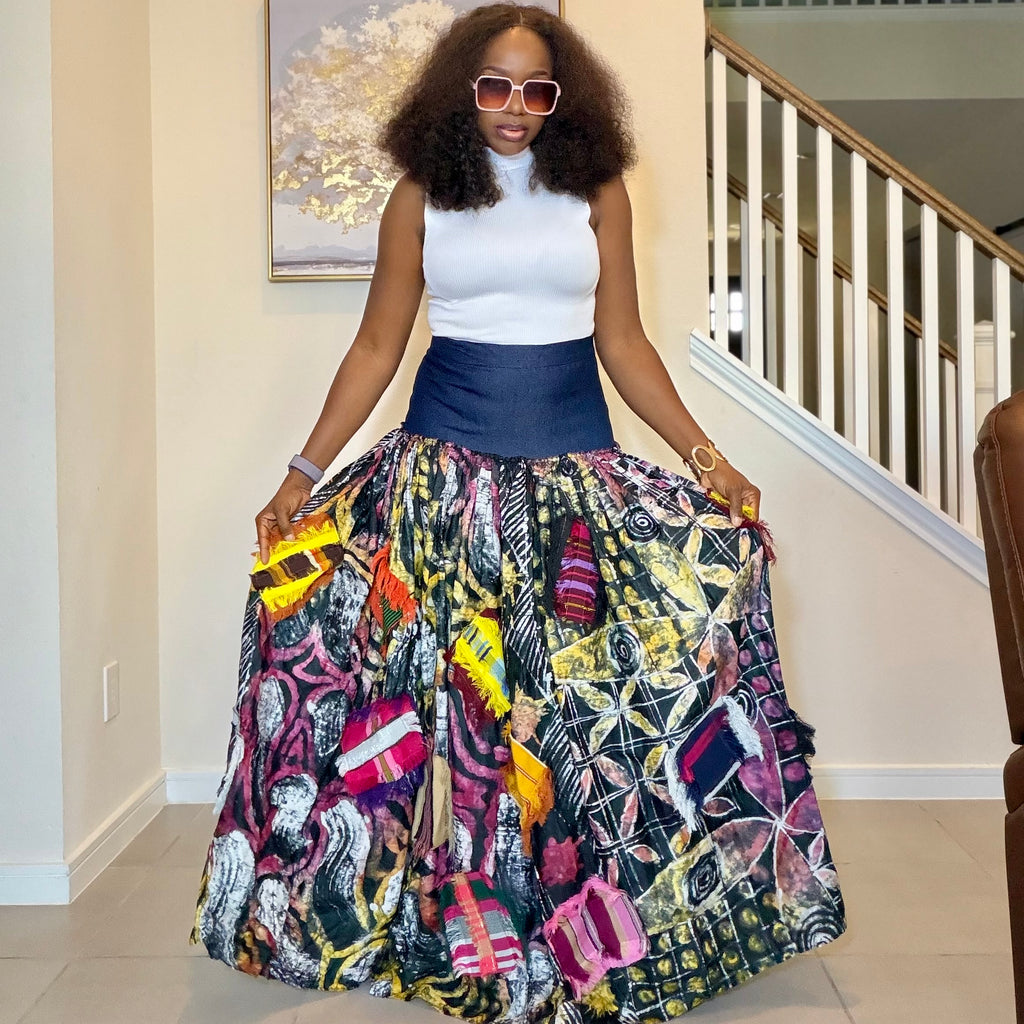 Adire Batik Maxi Skirt with Aso Oke Patchwork, High-Waisted African Print Maxi Skirt