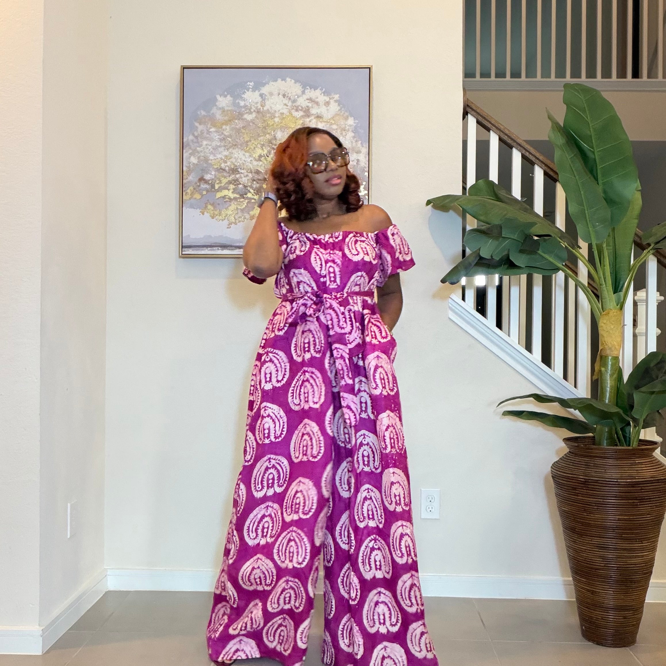 Adire Jumpsuit - African Print Off-the-Shoulder Wide Leg Romper
