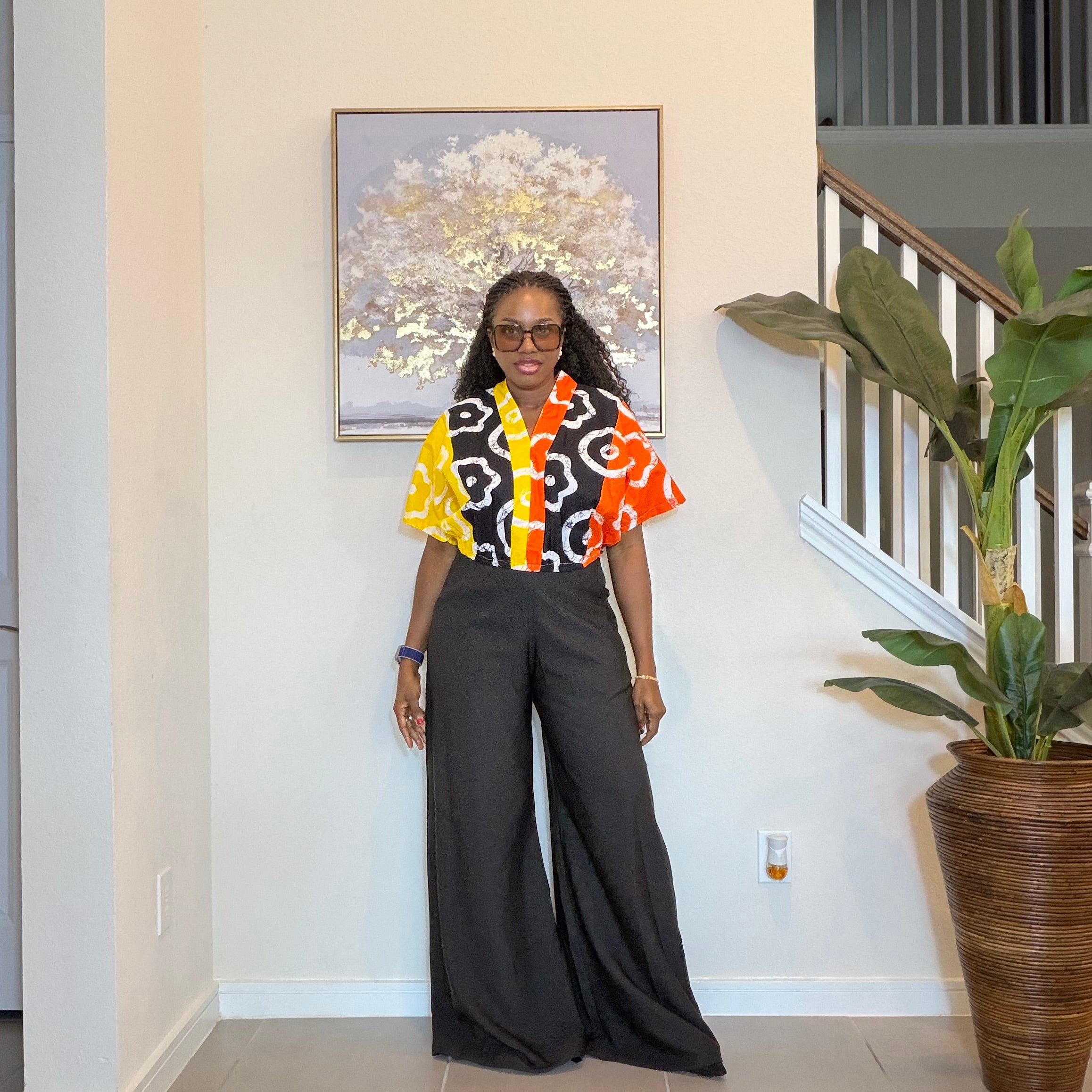 Cropped Ankara V-Neck Top with Black Wide-Leg Pants