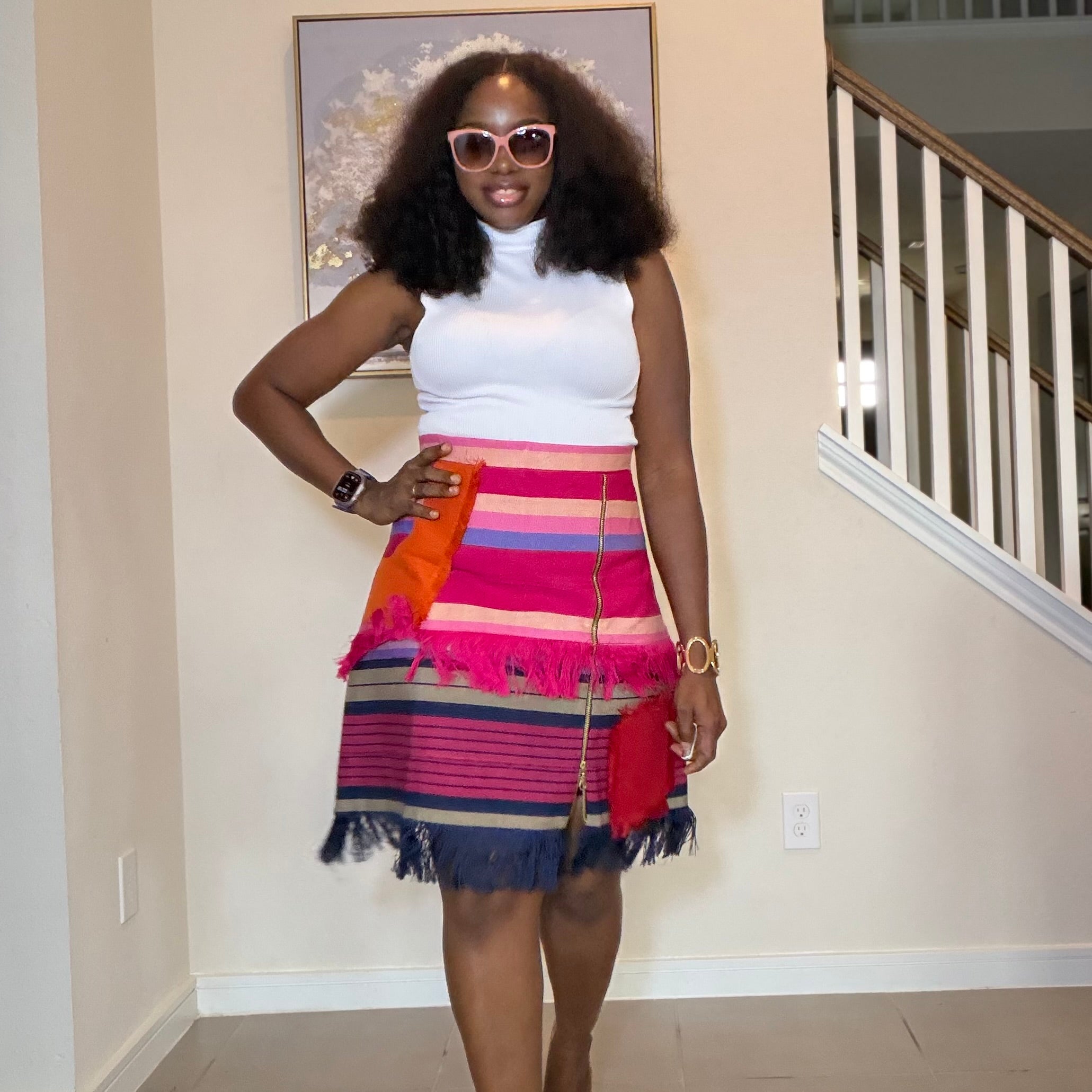 Colorful African Aso Oke Fringe Skirt, Handmade Aso Oke Patchwork Skirt