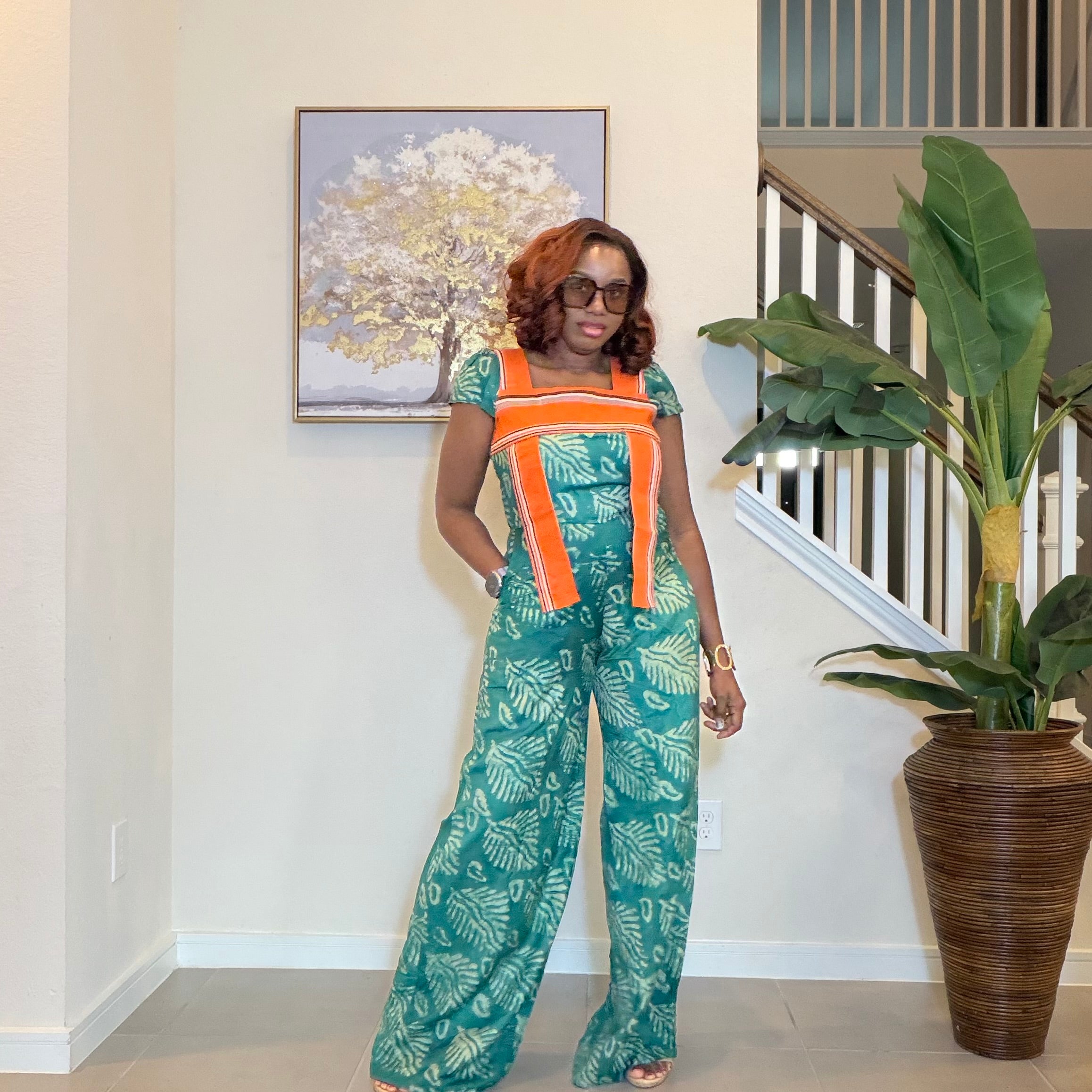 African Print Jumpsuit with Aso Oke, Green Leaf Adire Jumpsuit, Wide‑Leg One‑Piece