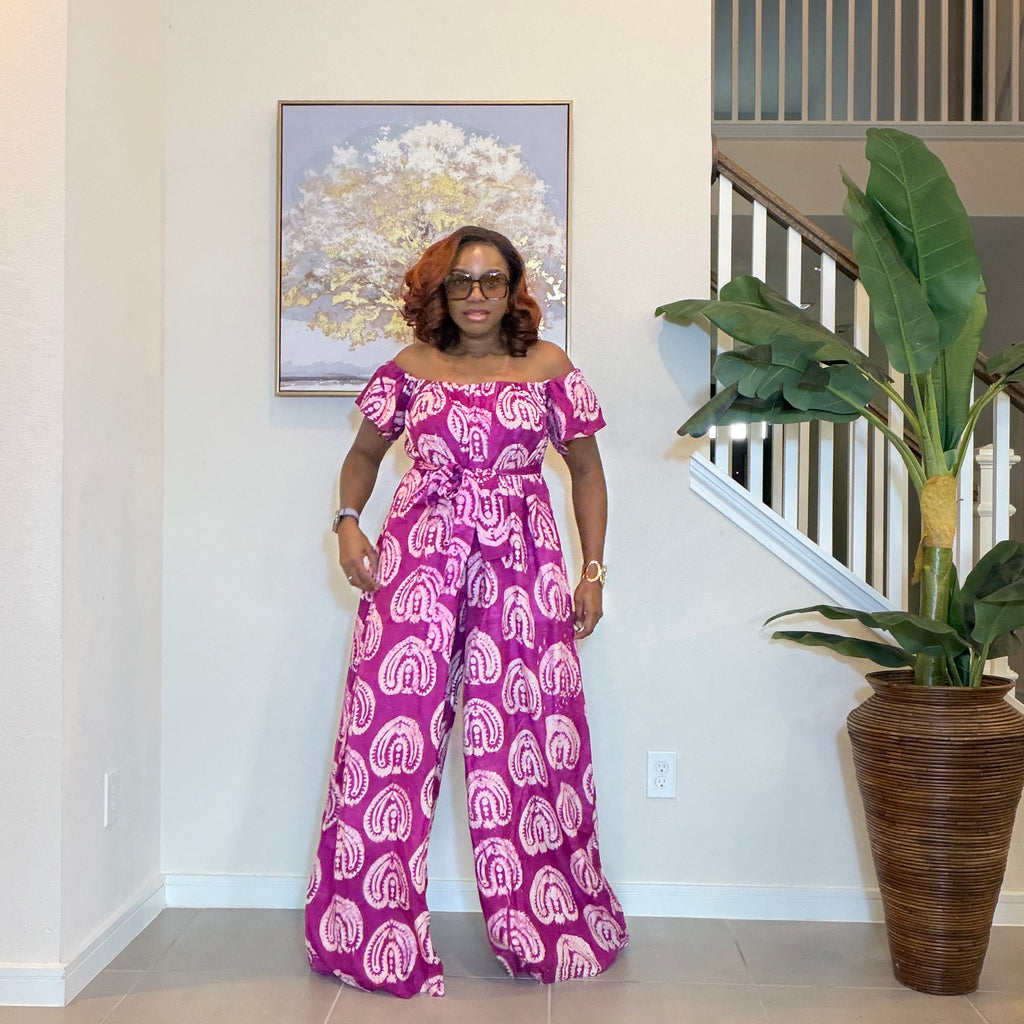 Adire Jumpsuit - African Print Off-the-Shoulder Wide Leg Romper