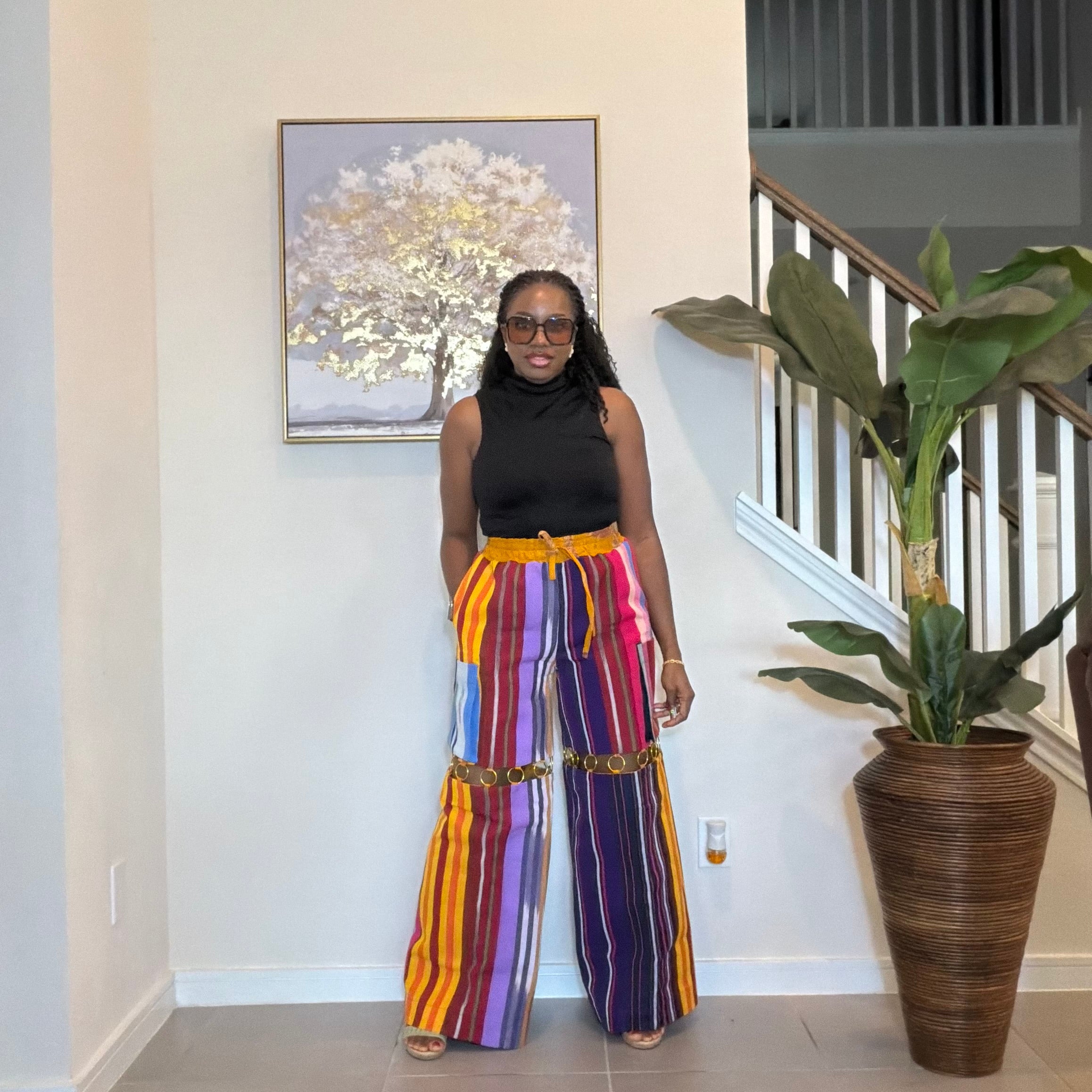 Handmade Aso Oke Wide-Leg Pants with Metal Ring Detail