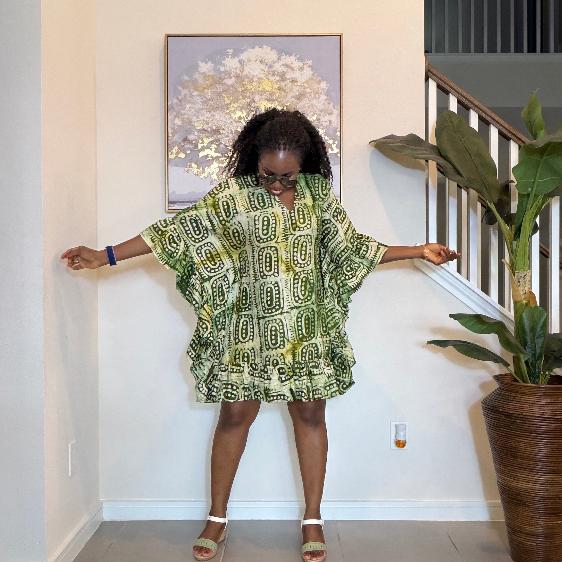 Olive Green Adire Crepe Dress Mini Dress.