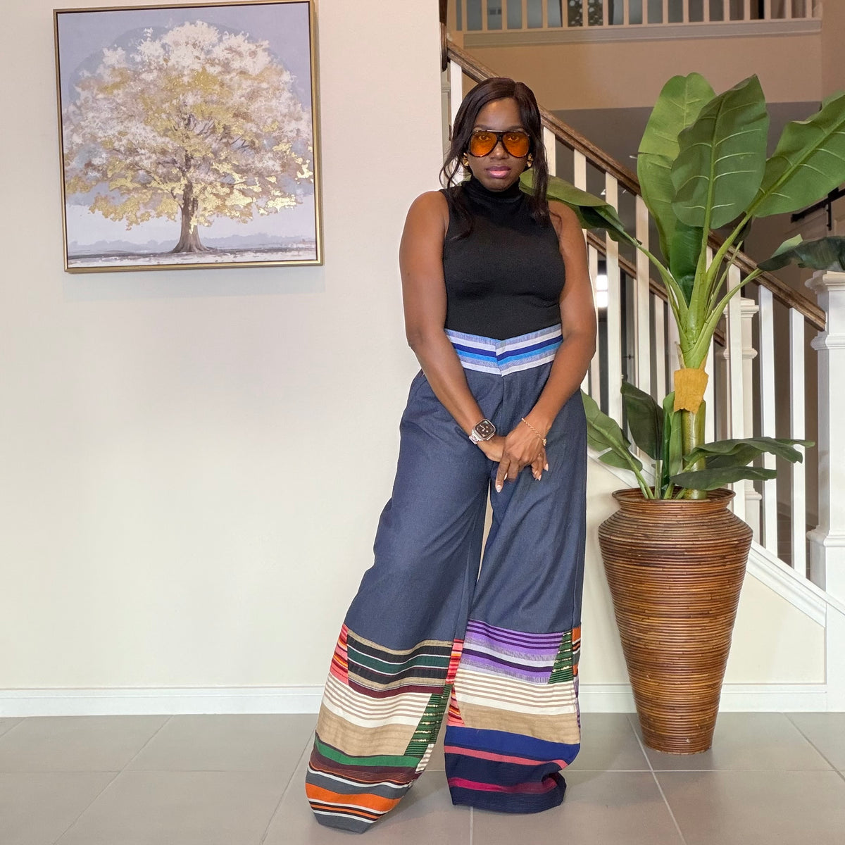 High-Waisted Jeans Wide Leg Trousers with Multicolored Striped Aso Oke Patchwork