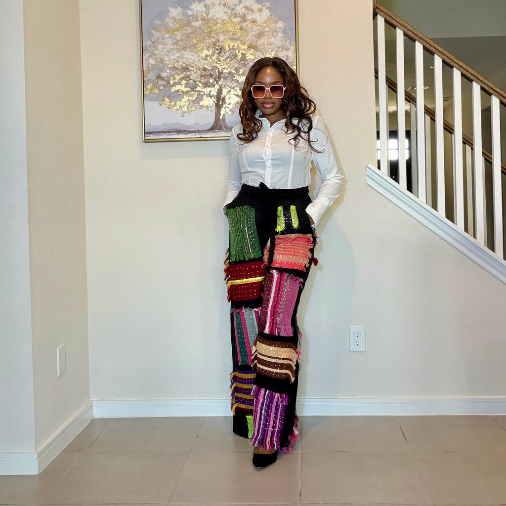 Luxury Black Linen Trousers with Stoned Aso Oke Patchwork