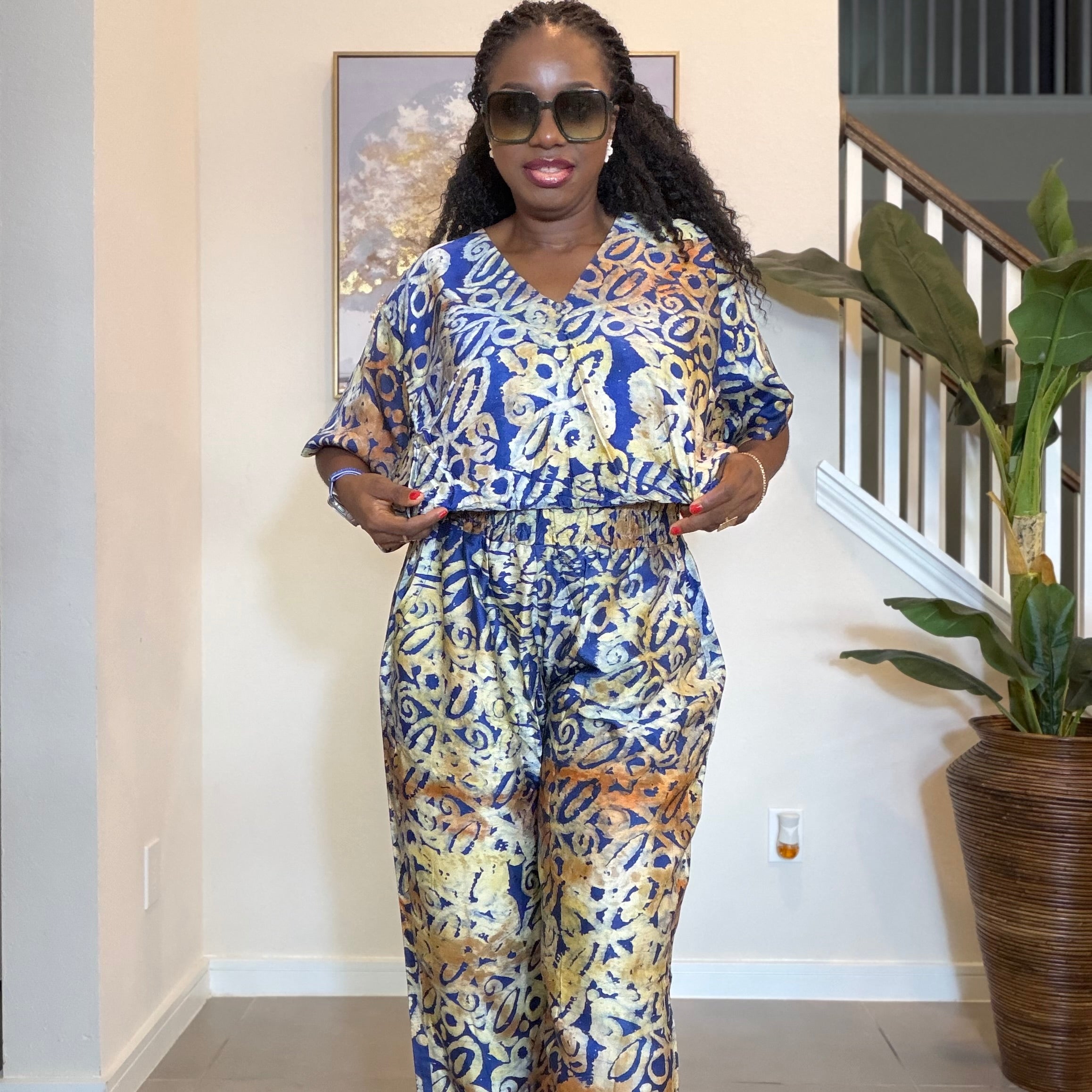 Adire Silk-Crepe, Elastic Waist Top & Wide-Leg Pants Set