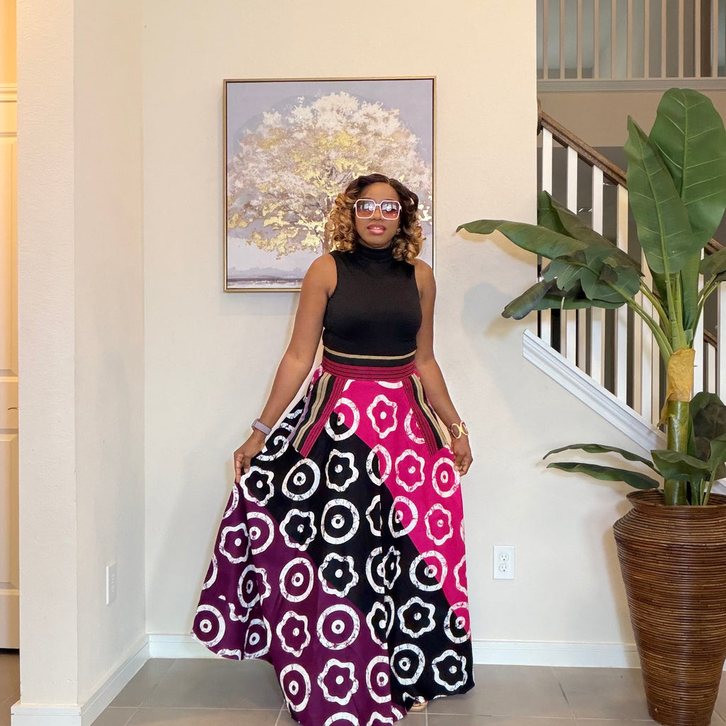 African Ankara Maxi Skirt, High Waist Skirt with Aso Oke Pockets