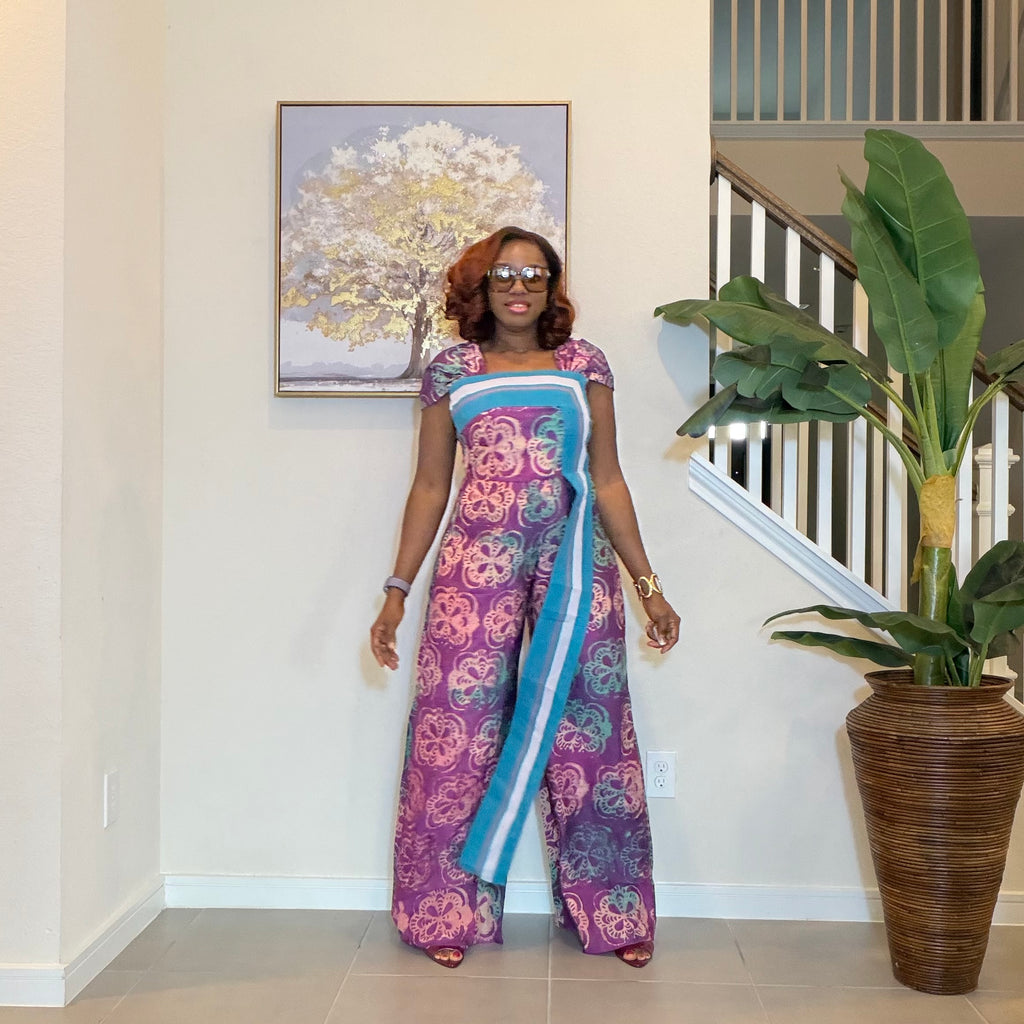 Adire Floral Wide-Leg Jumpsuit with Aso Oke Detail