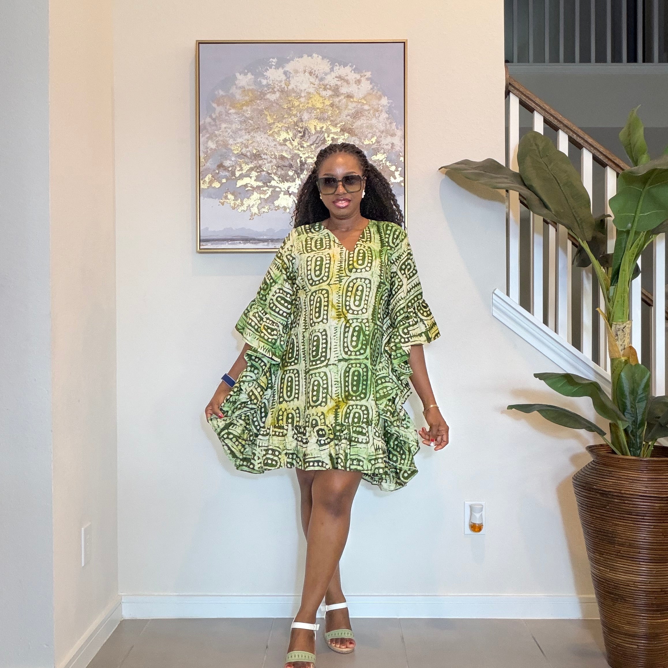 Olive Green Adire Crepe Dress Mini Dress.
