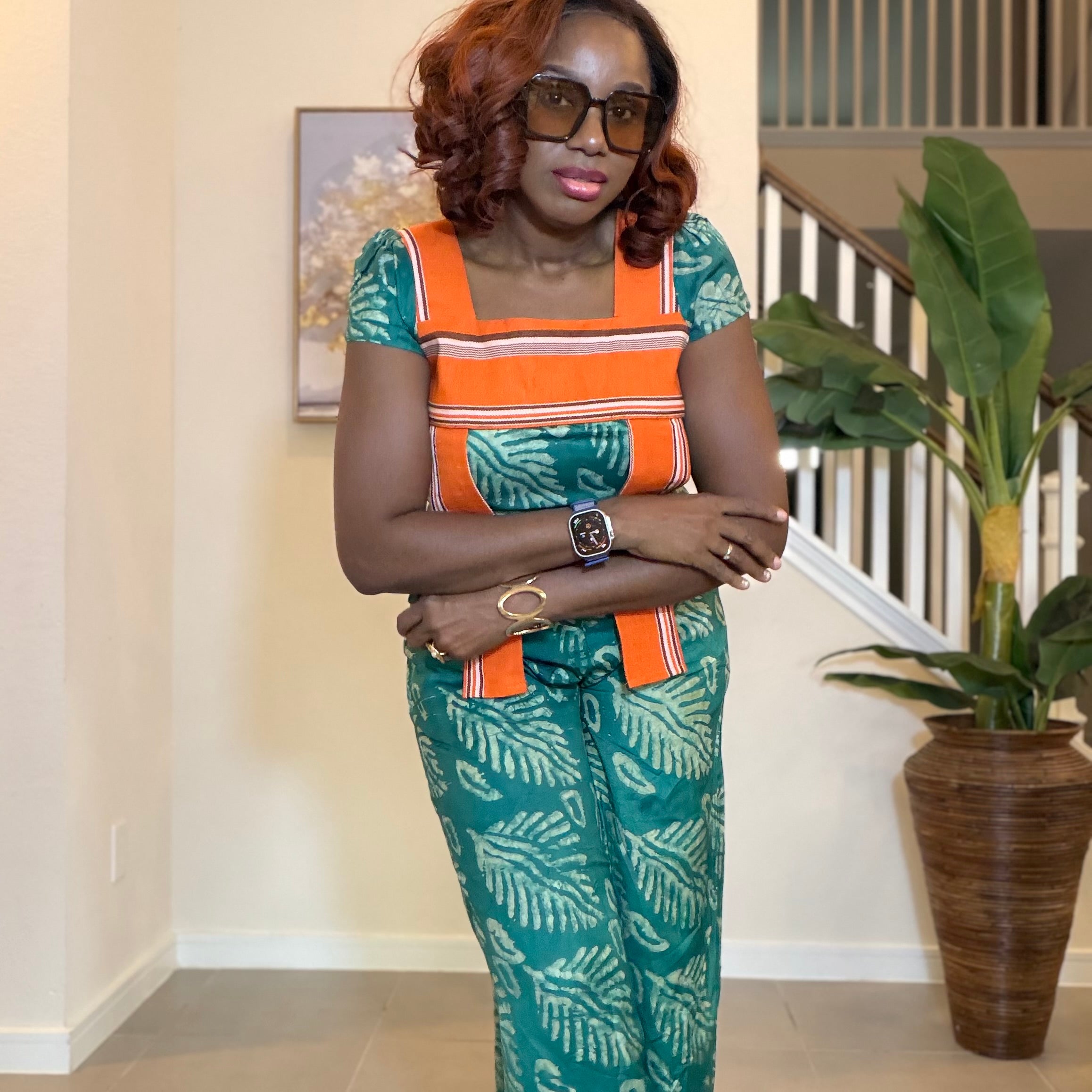 African Print Jumpsuit with Aso Oke, Green Leaf Adire Jumpsuit, Wide‑Leg One‑Piece