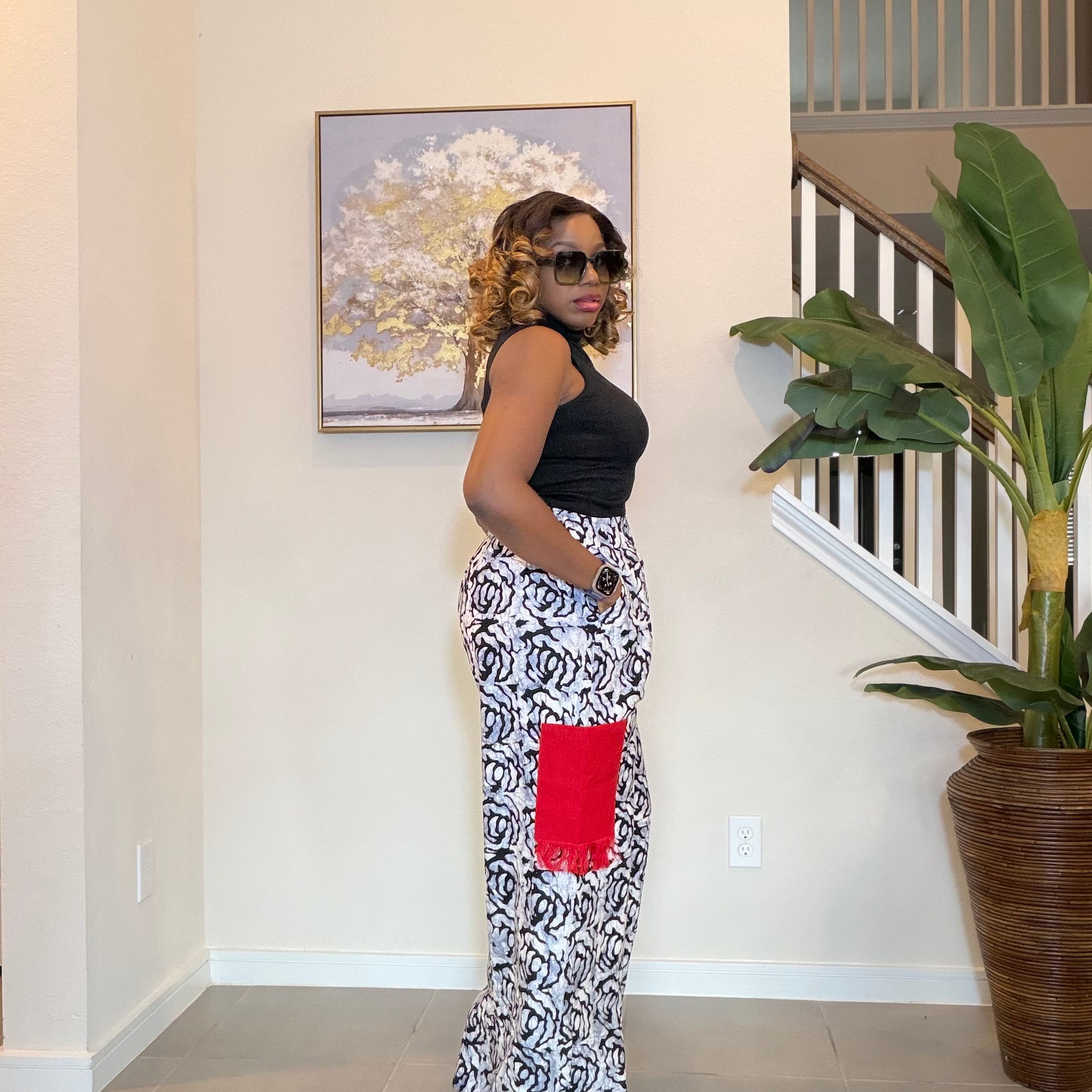 Ankara Wide‑Leg Pants with Aso Oke side pockets.