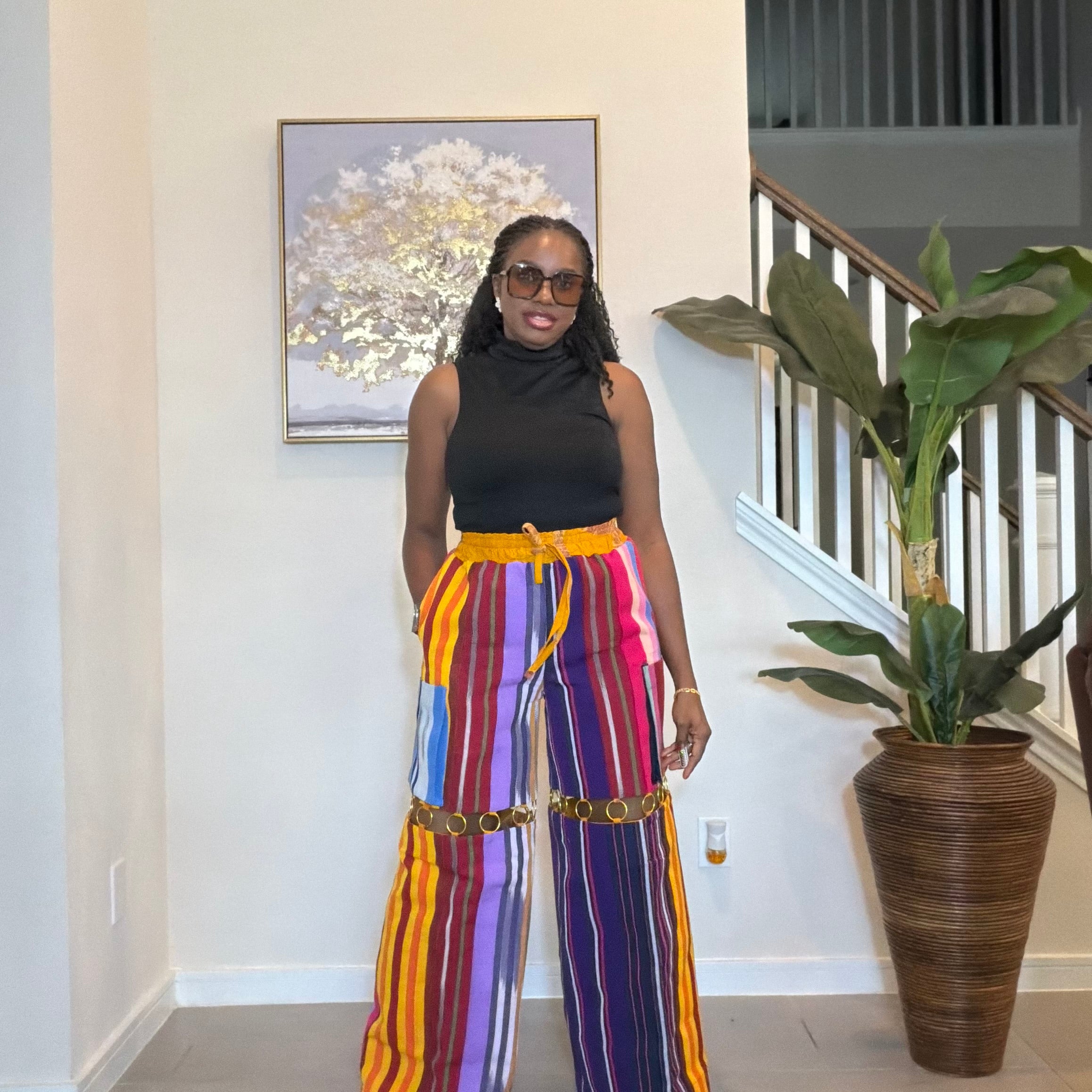 Handmade Aso Oke Wide-Leg Pants with Metal Ring Detail