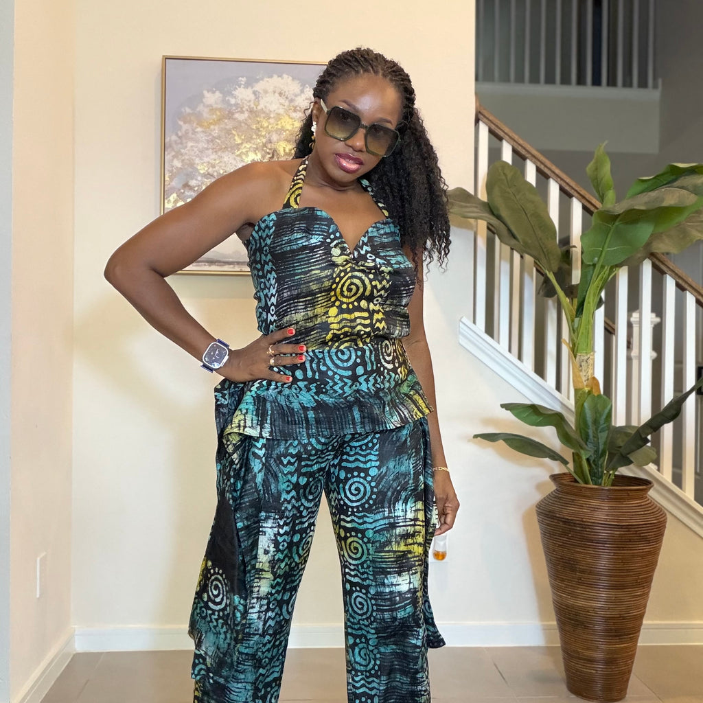 Adire Halter Neck Jumpsuit, African Batik Print One Piece Jumpsuit