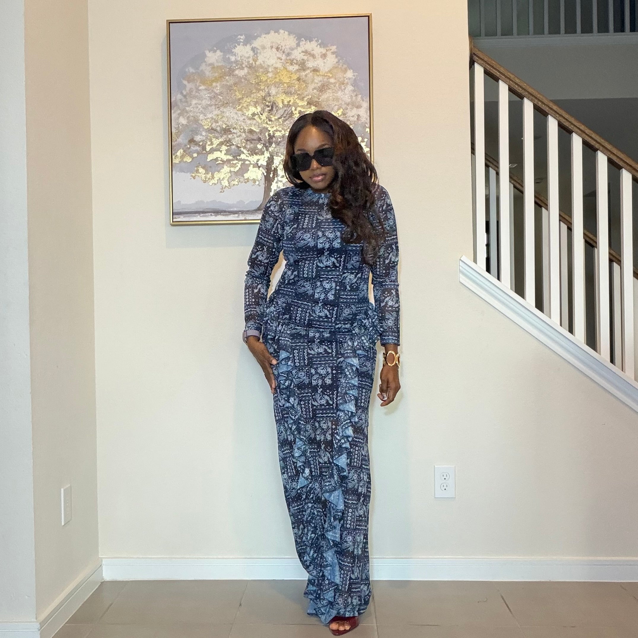 Elegant Indigo Mesh Long Dress