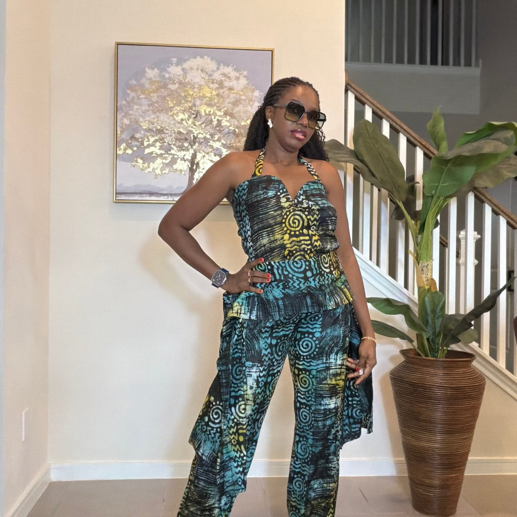 Adire Halter Neck Jumpsuit, African Batik Print One Piece Jumpsuit