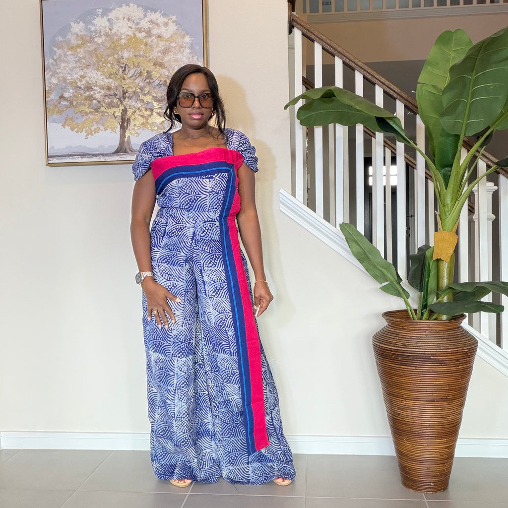 Adire Floral Wide-Leg Jumpsuit with Aso Oke Detail