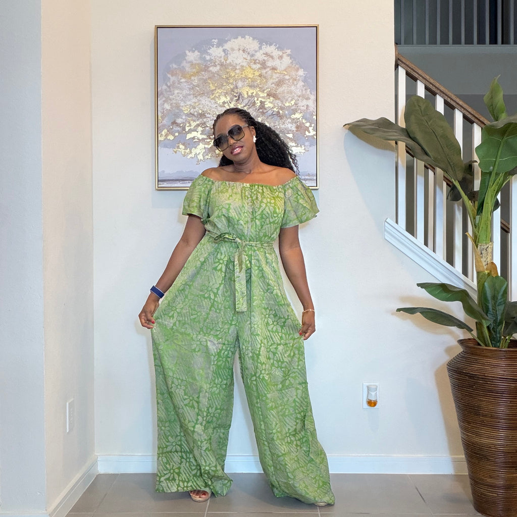 Adire Jumpsuit - African Print Off-the-Shoulder Wide Leg Romper