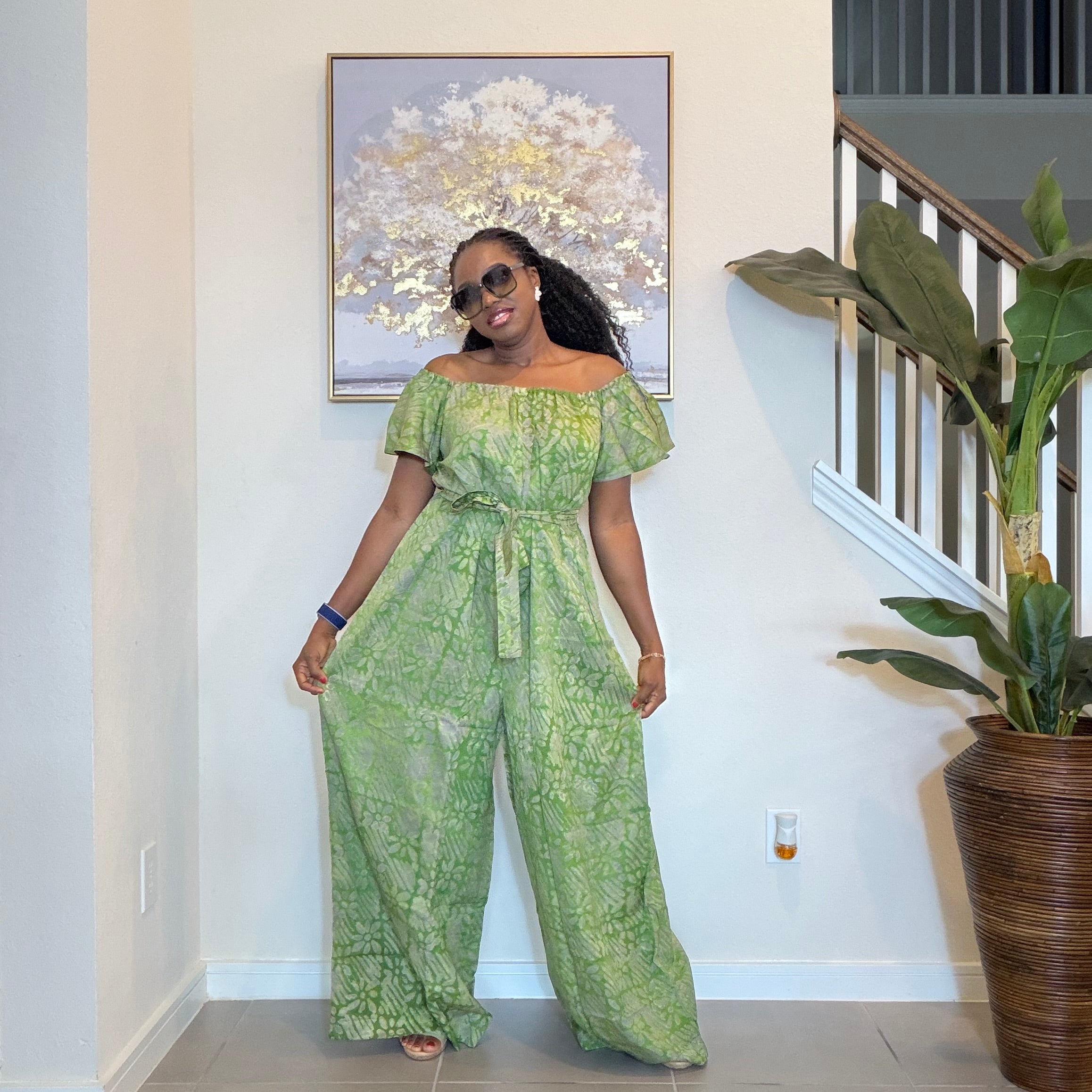 Adire Jumpsuit - African Print Off-the-Shoulder Wide Leg Romper