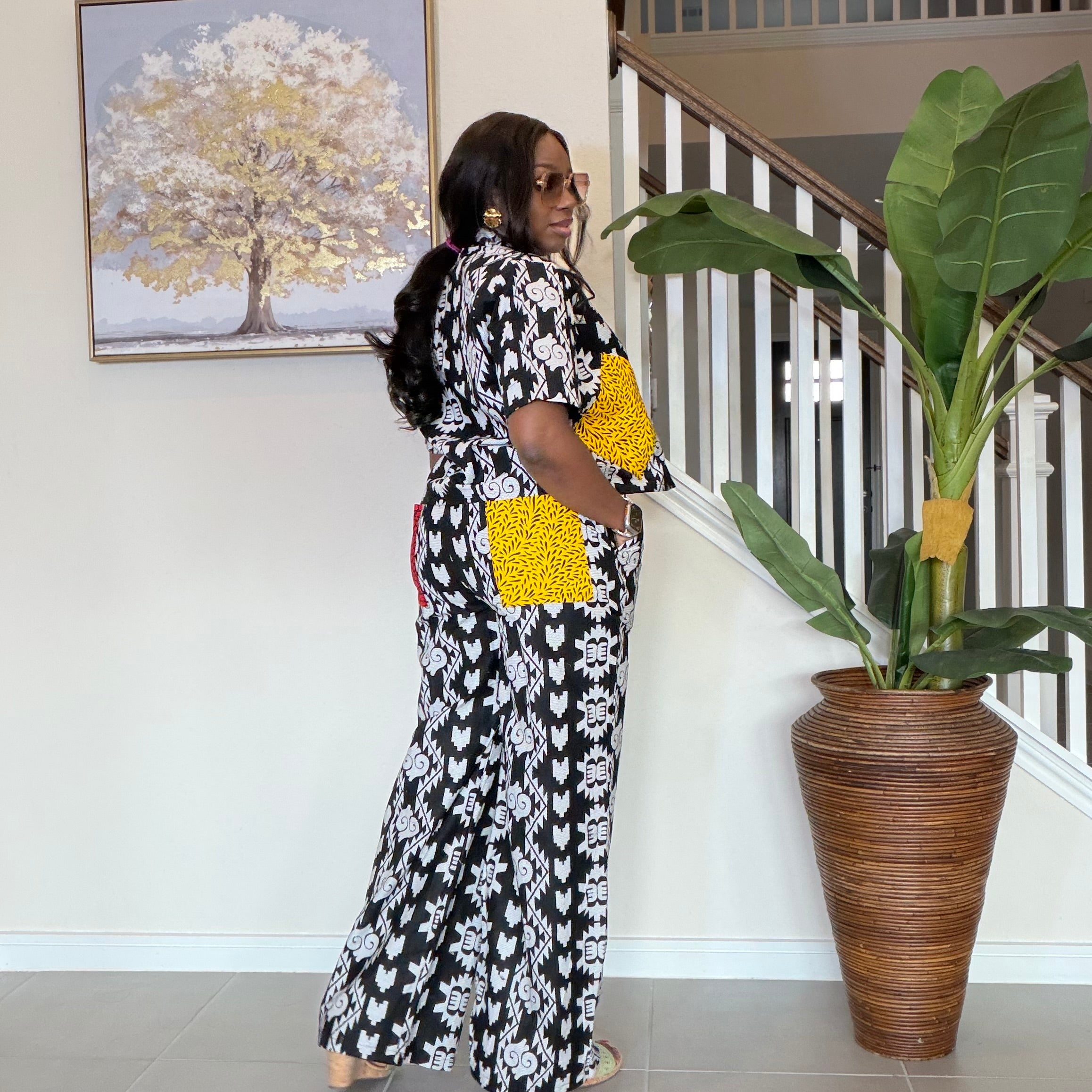Modern Ankara Print Two-Piece Set – Black & White Wide-Leg Shirt & Trouser