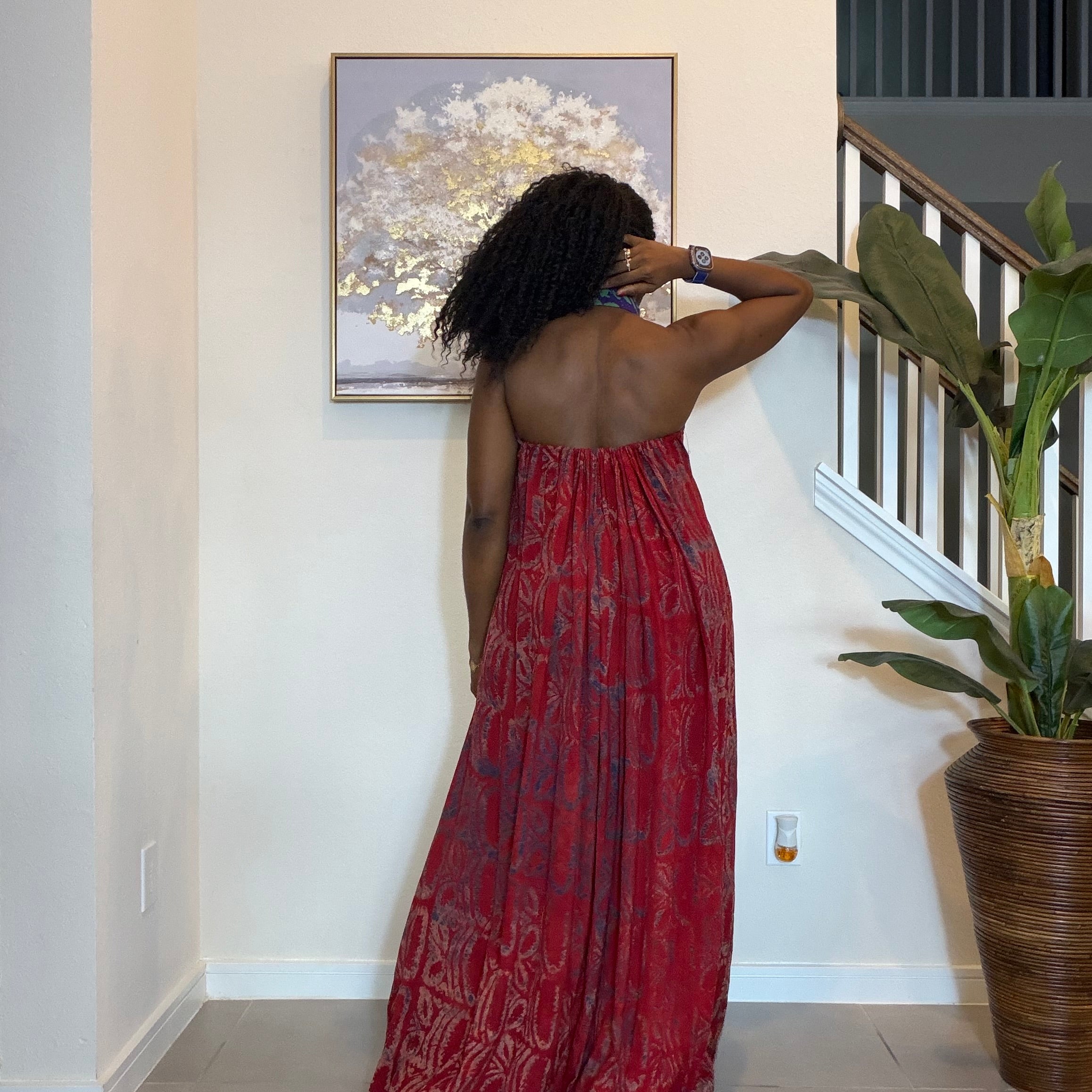 Hand-Dyed Adire Crepe Halter Maxi Dress.