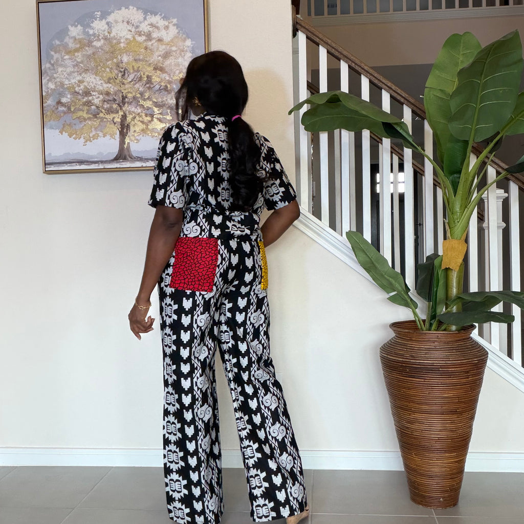 Modern Ankara Print Two-Piece Set – Black & White Wide-Leg Shirt & Trouser