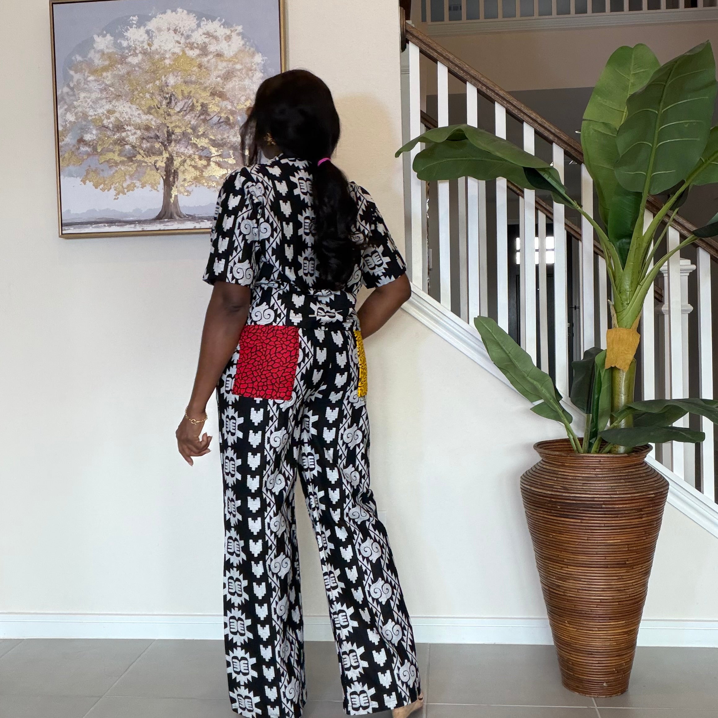 Modern Ankara Print Two-Piece Set – Black & White Wide-Leg Shirt & Trouser