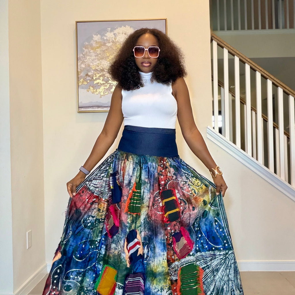 Adire Batik Maxi Skirt with Aso Oke Patchwork, High-Waisted African Print Long Skirt