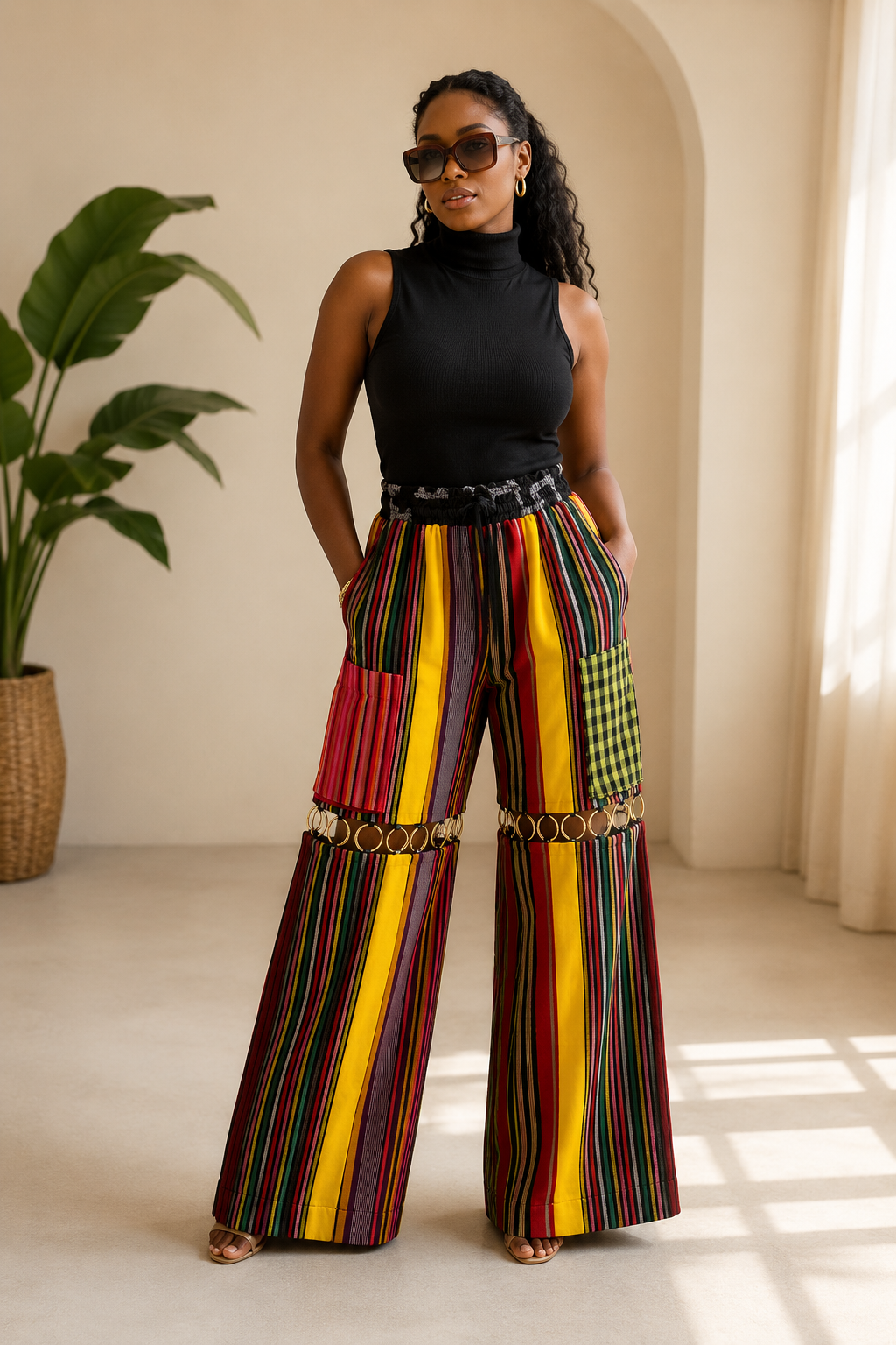 Multicolor Aso Oke Wide-Leg Trousers with Ring Detail