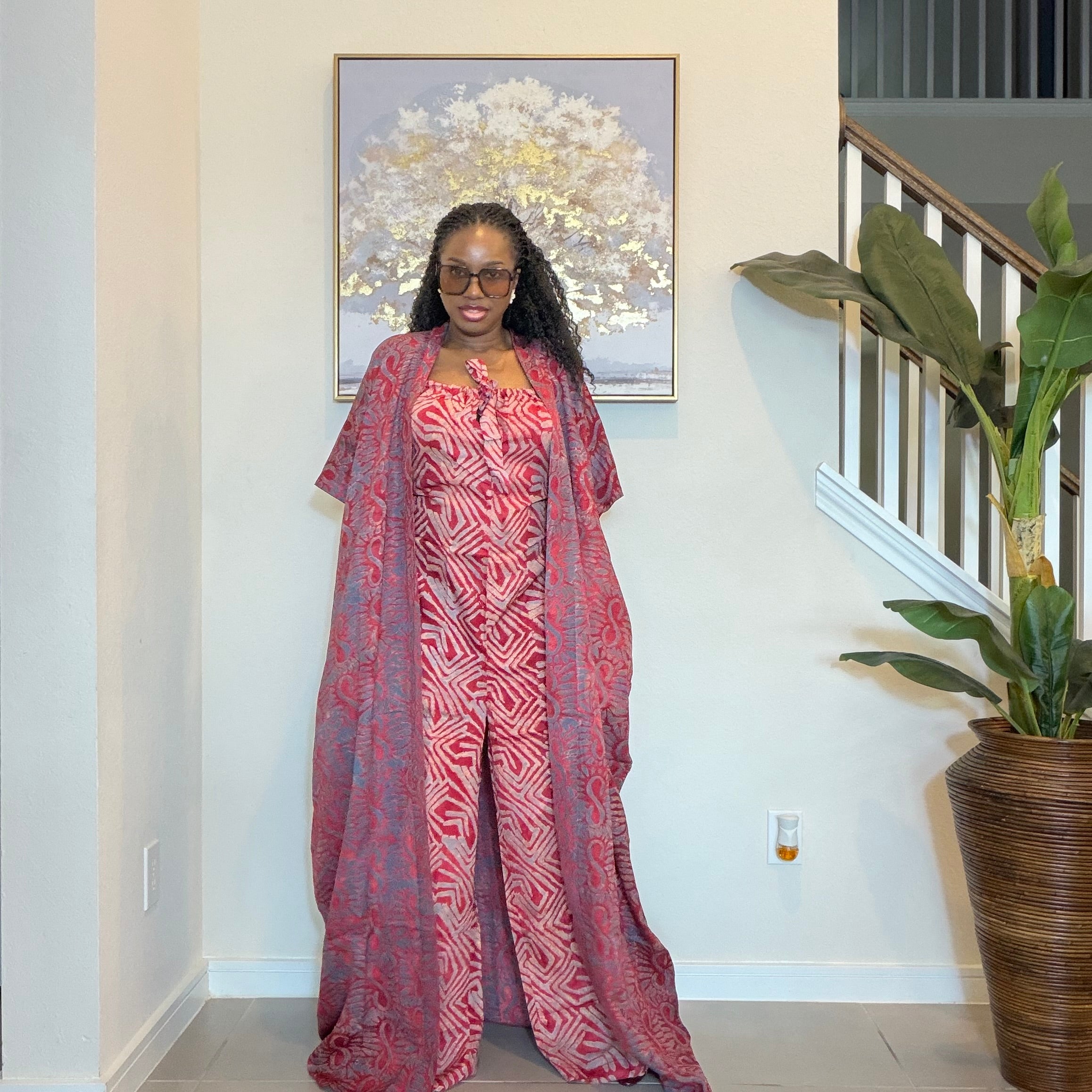 2-Piece Adire Crepe Jumpsuit and Kimono Set