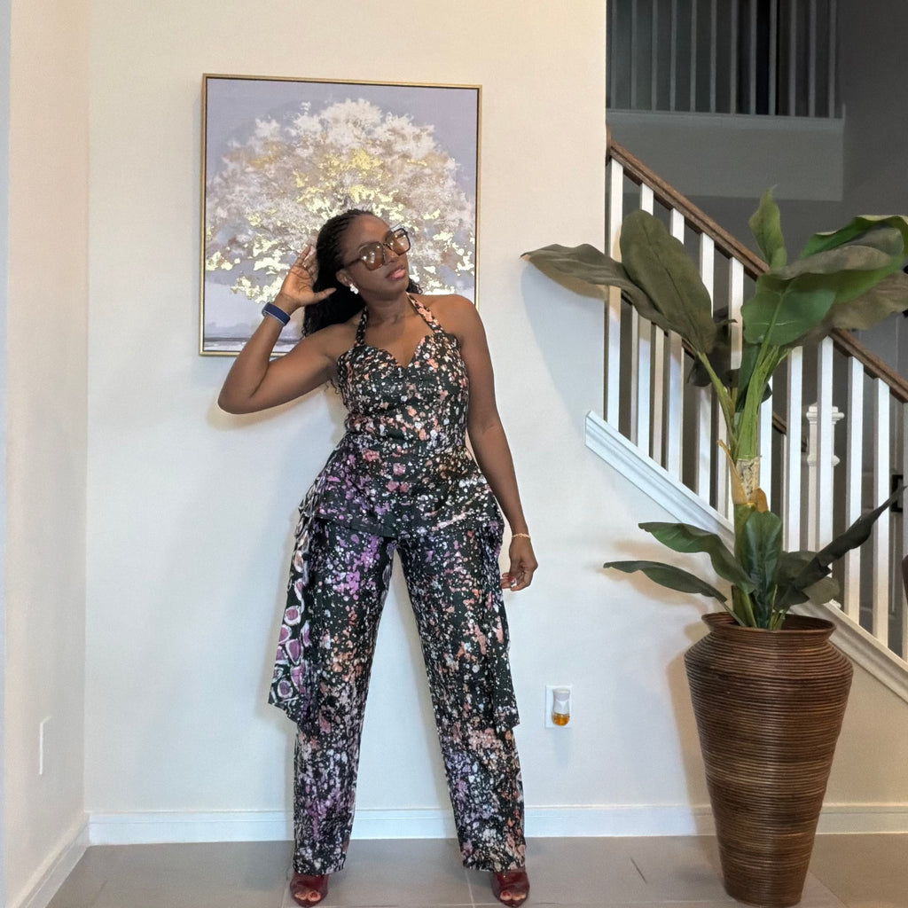Handmade Adire Batik Tie-Neck Halter Jumpsuit