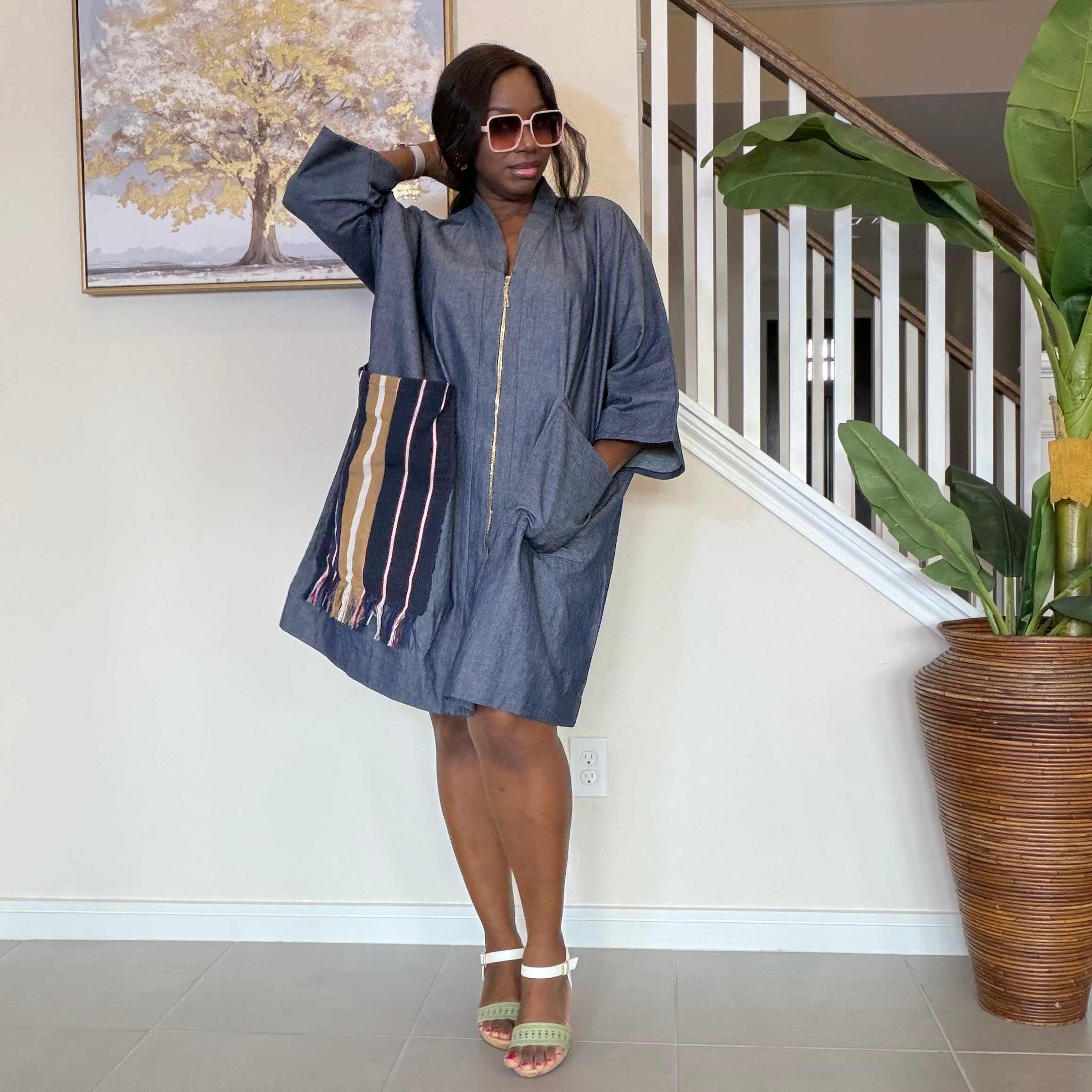 Zipped Denim Shift Dress with Statement Aso Oke Pocket and Back patch