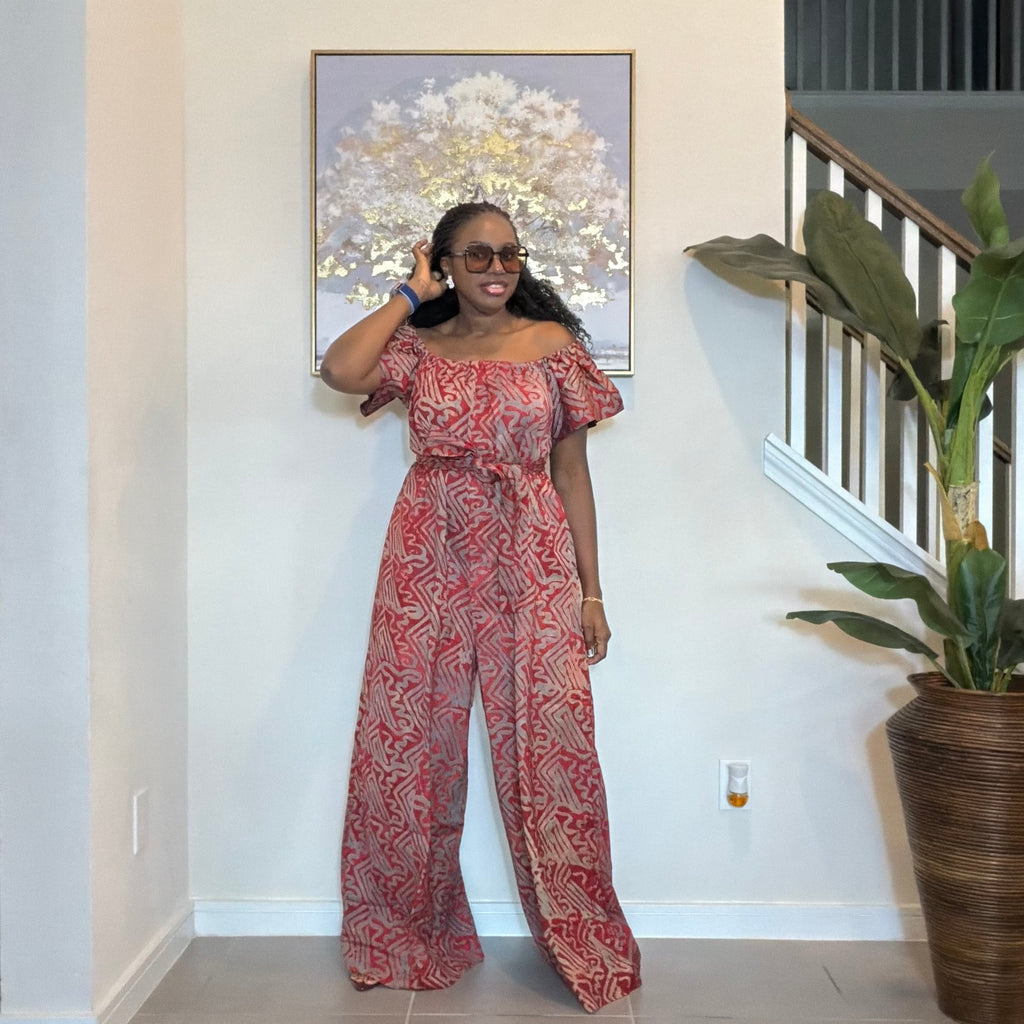 Adire Printed Wide-Leg Jumpsuit Convertible Off-Shoulder with Detachable Belt
