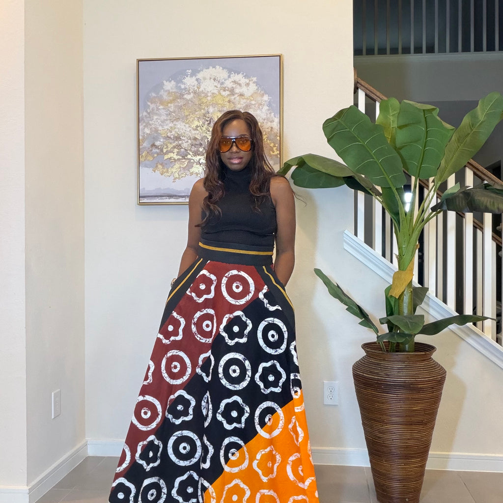 African Ankara Maxi Skirt, High Waist Skirt with Aso Oke Pockets