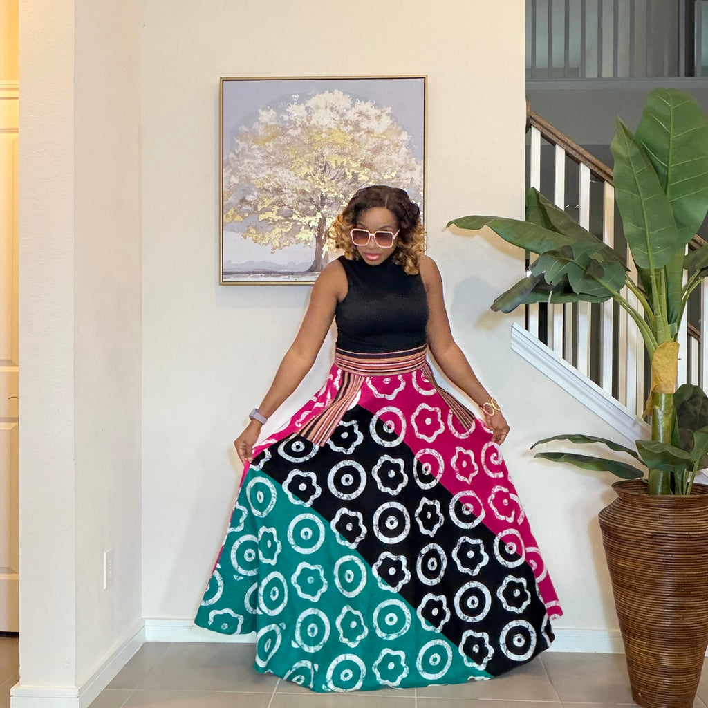 African Ankara Maxi Skirt, High Waist Skirt with Aso Oke Pockets