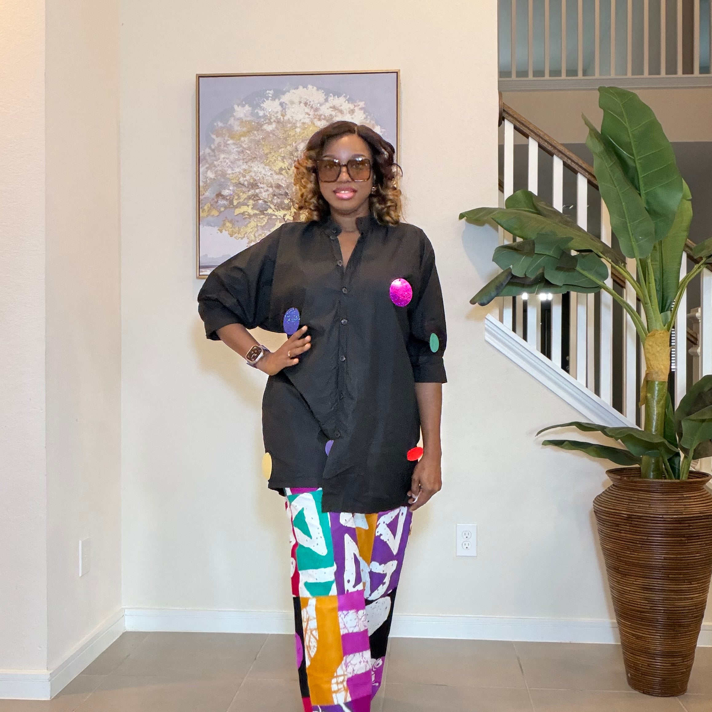 Ankara Two‑Piece Set, Colorful Print Pants, Handmade African Wear