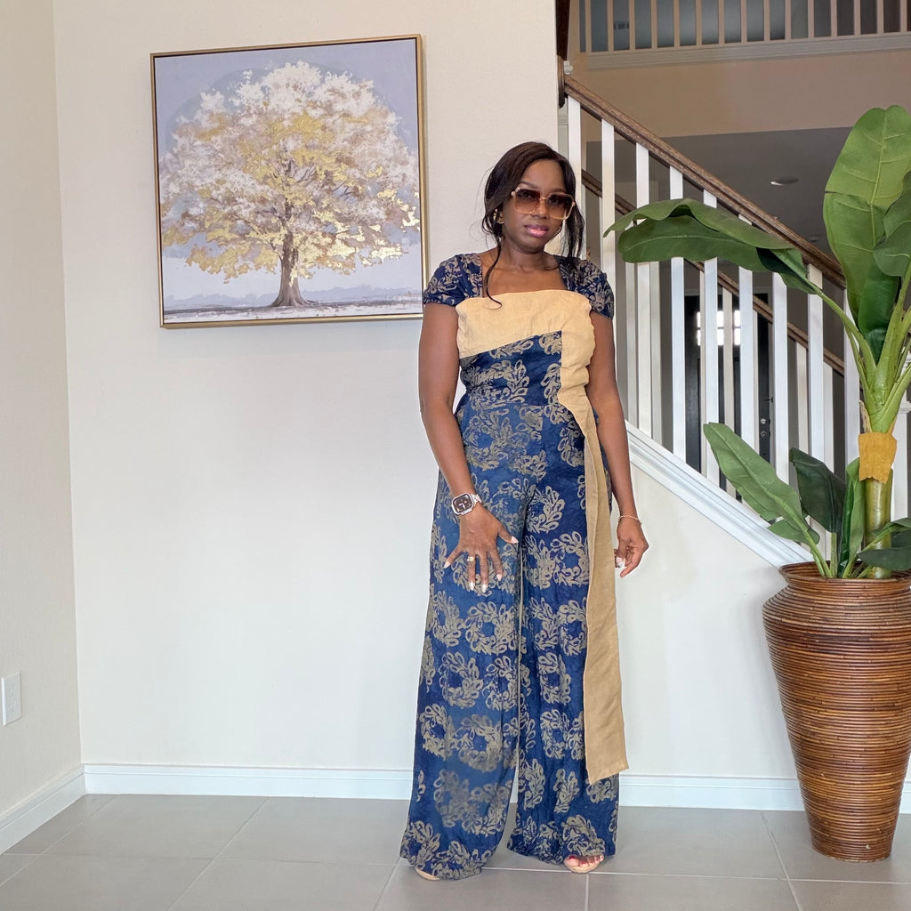 Blue Adire Floral Wide-Leg Jumpsuit with Aso Oke Detail