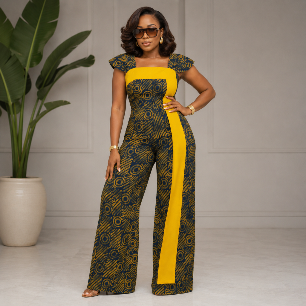 Elegant Adire Jumpsuit with Handwoven Aso Oke Contrast Panel.