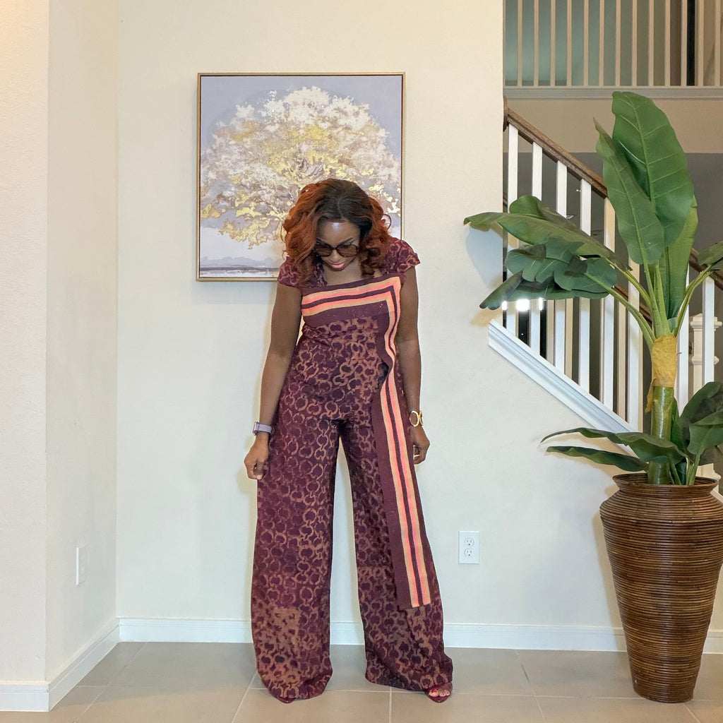 Adire Floral Wide-Leg Jumpsuit with Aso Oke Detail