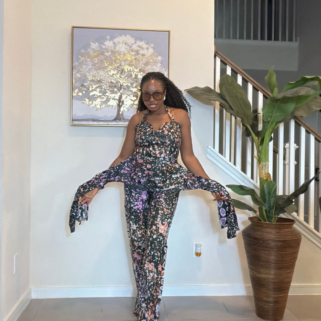 Handmade Adire Batik Tie-Neck Halter Jumpsuit