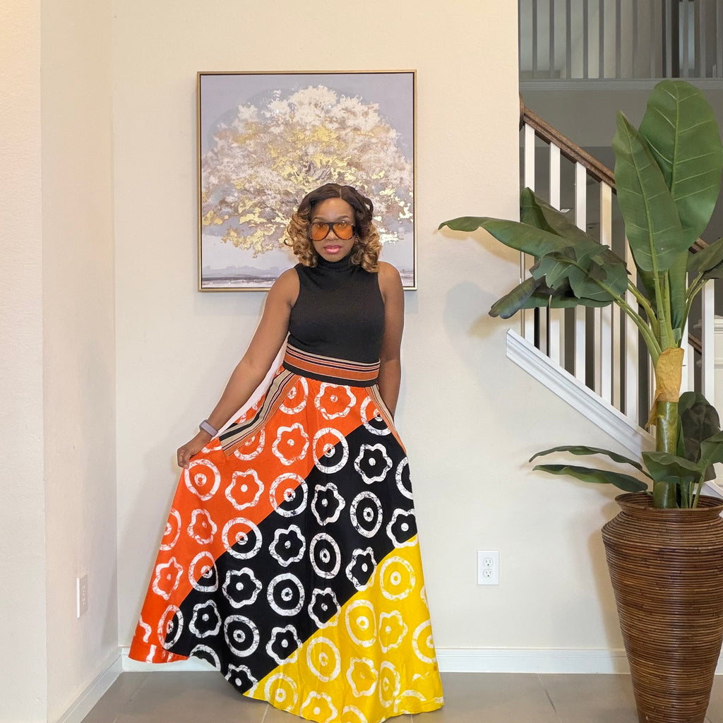 African Ankara Maxi Skirt, High Waist Skirt with Aso Oke Pockets