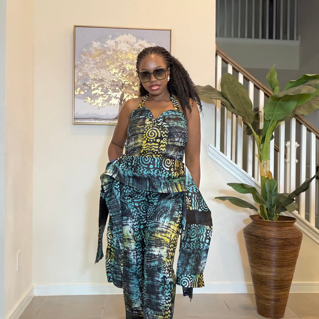 Adire Halter Neck Jumpsuit, African Batik Print One Piece Jumpsuit
