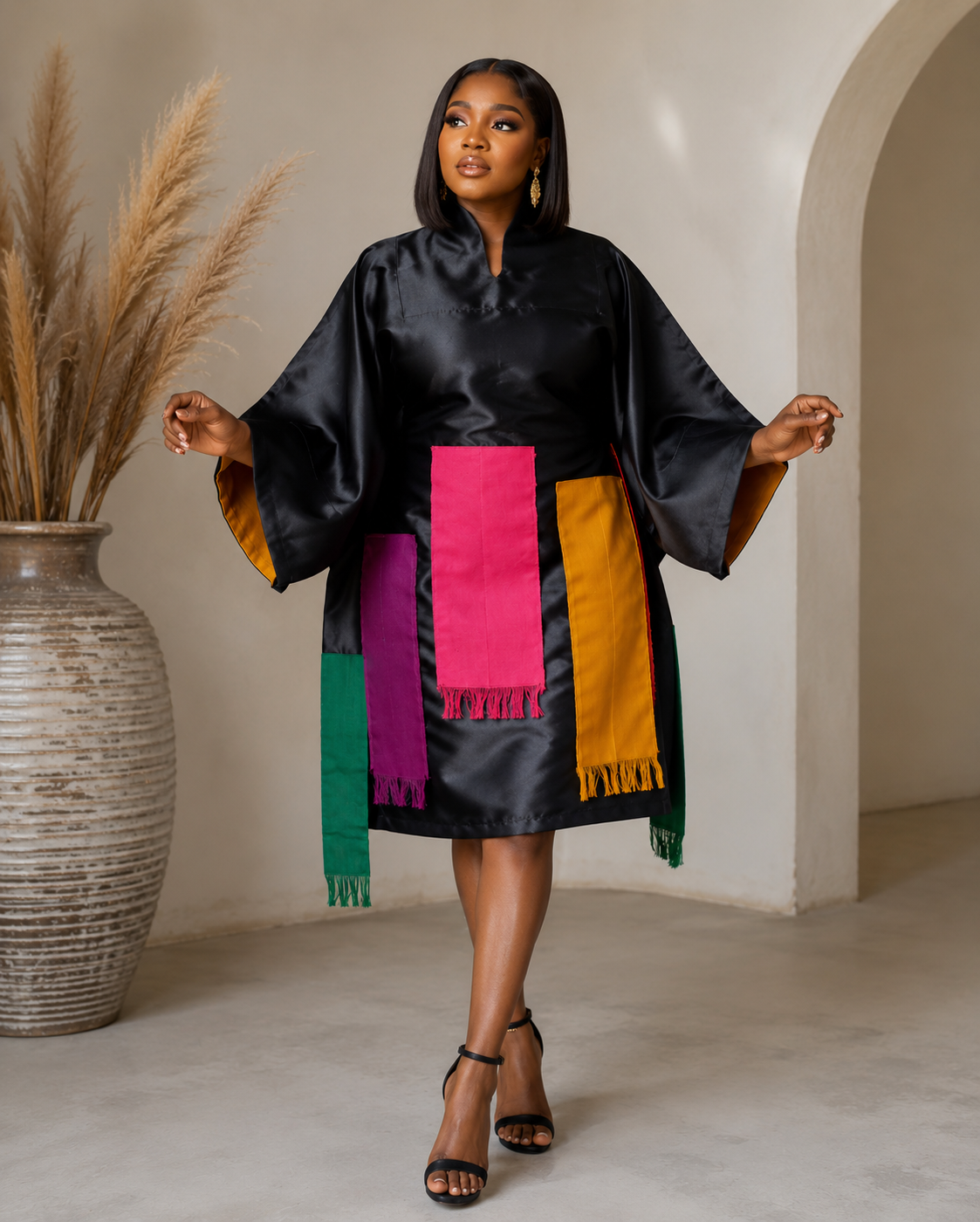 Black Milkados Short Dress with Aso Oke Accent Adjustable Back Belt