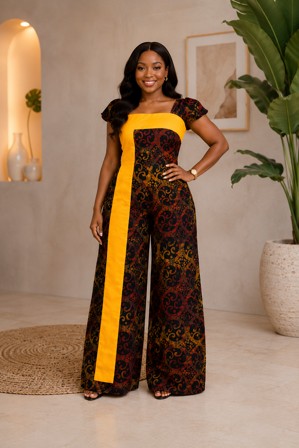 Elegant Adire Jumpsuit with Handwoven Aso Oke Contrast Panel