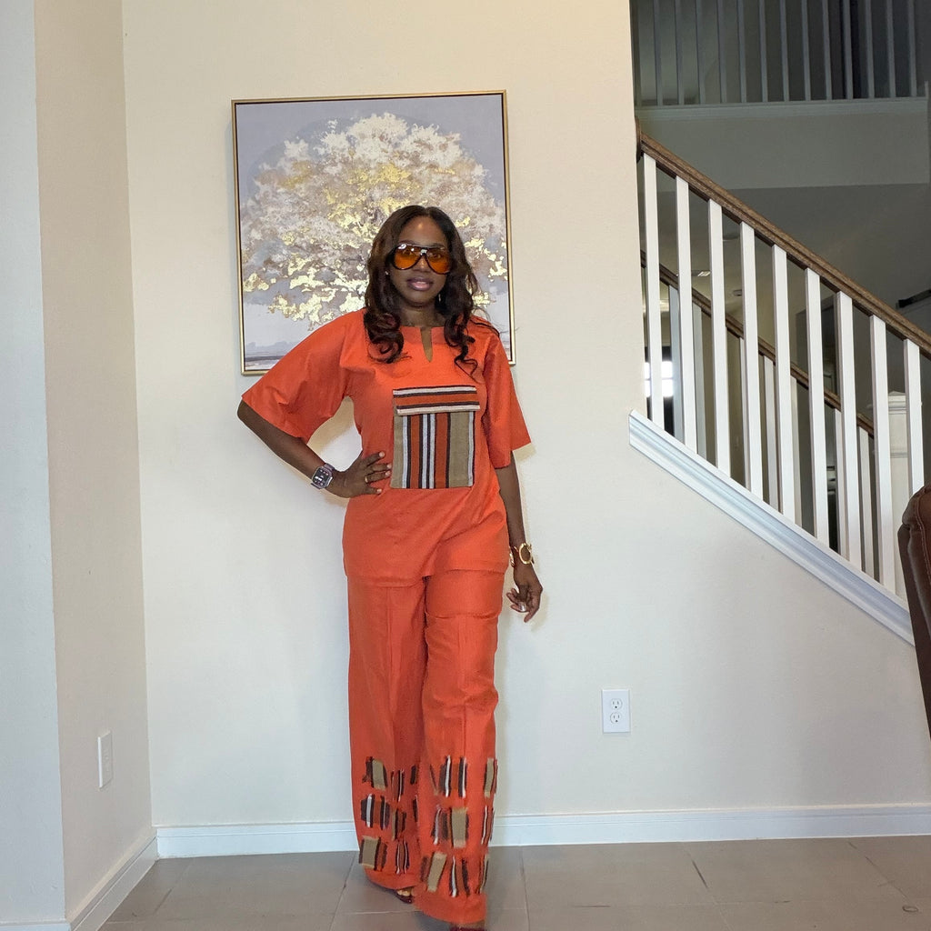 Linen Two Piece Set With Aso Oke Patch