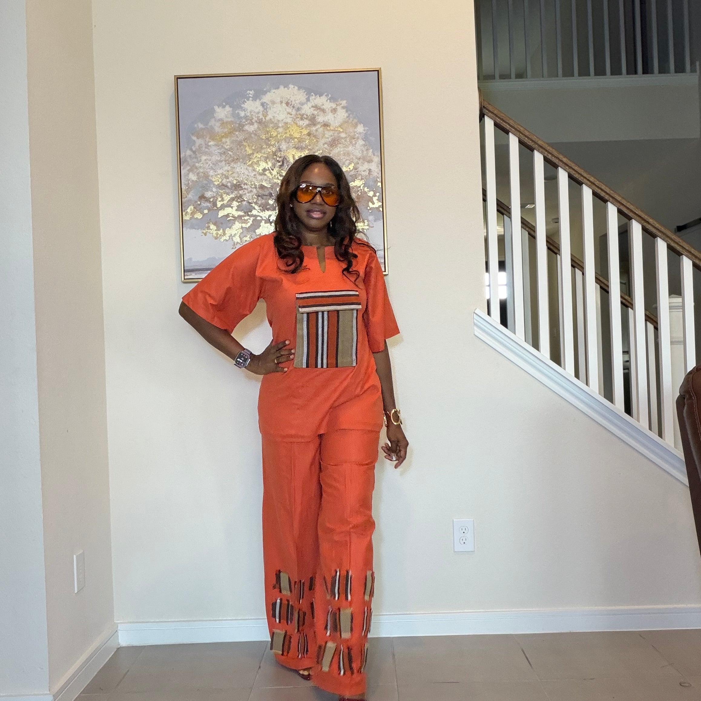 Linen Two Piece Set With Aso Oke Patch
