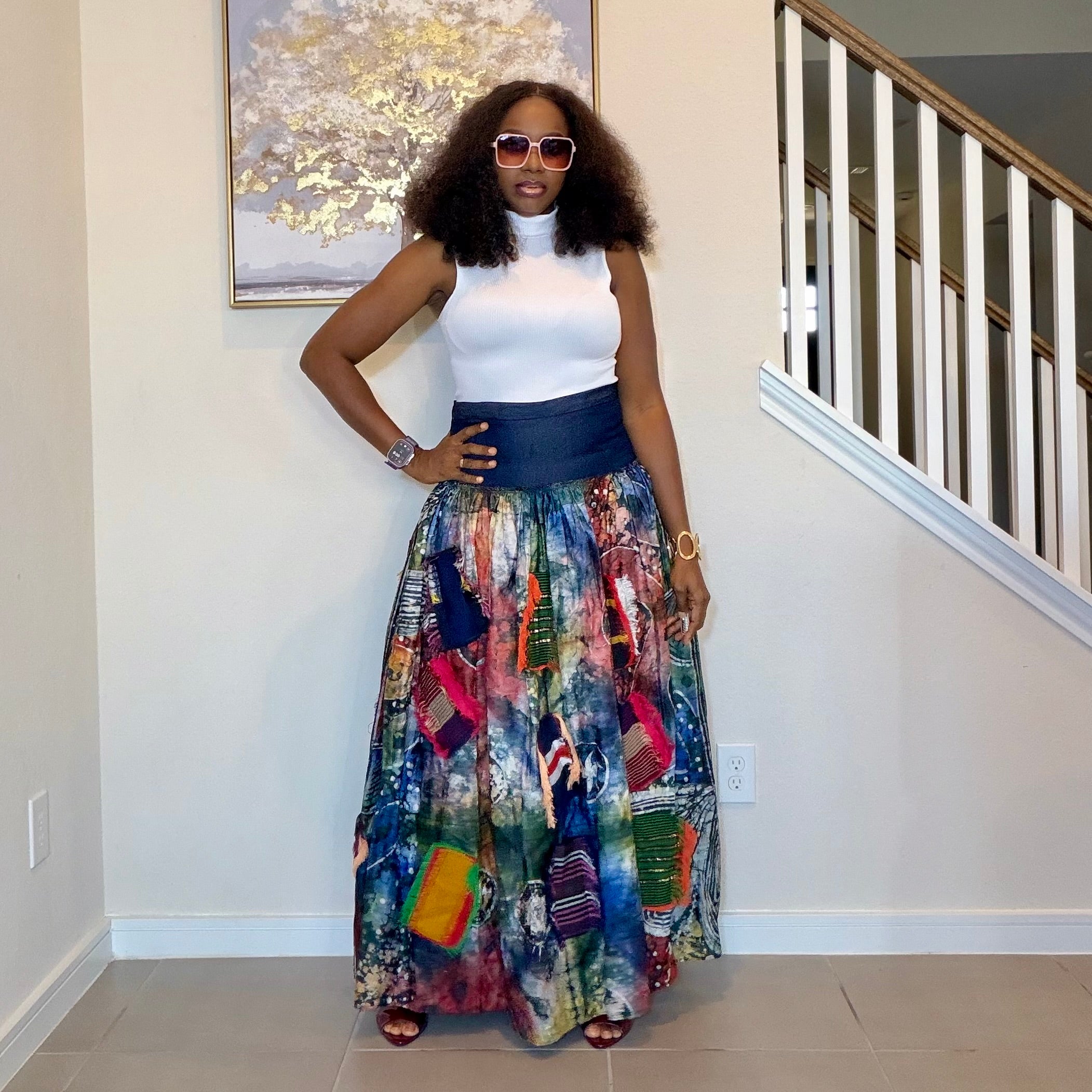 Adire Batik Maxi Skirt with Aso Oke Patchwork, High-Waisted African Print Long Skirt